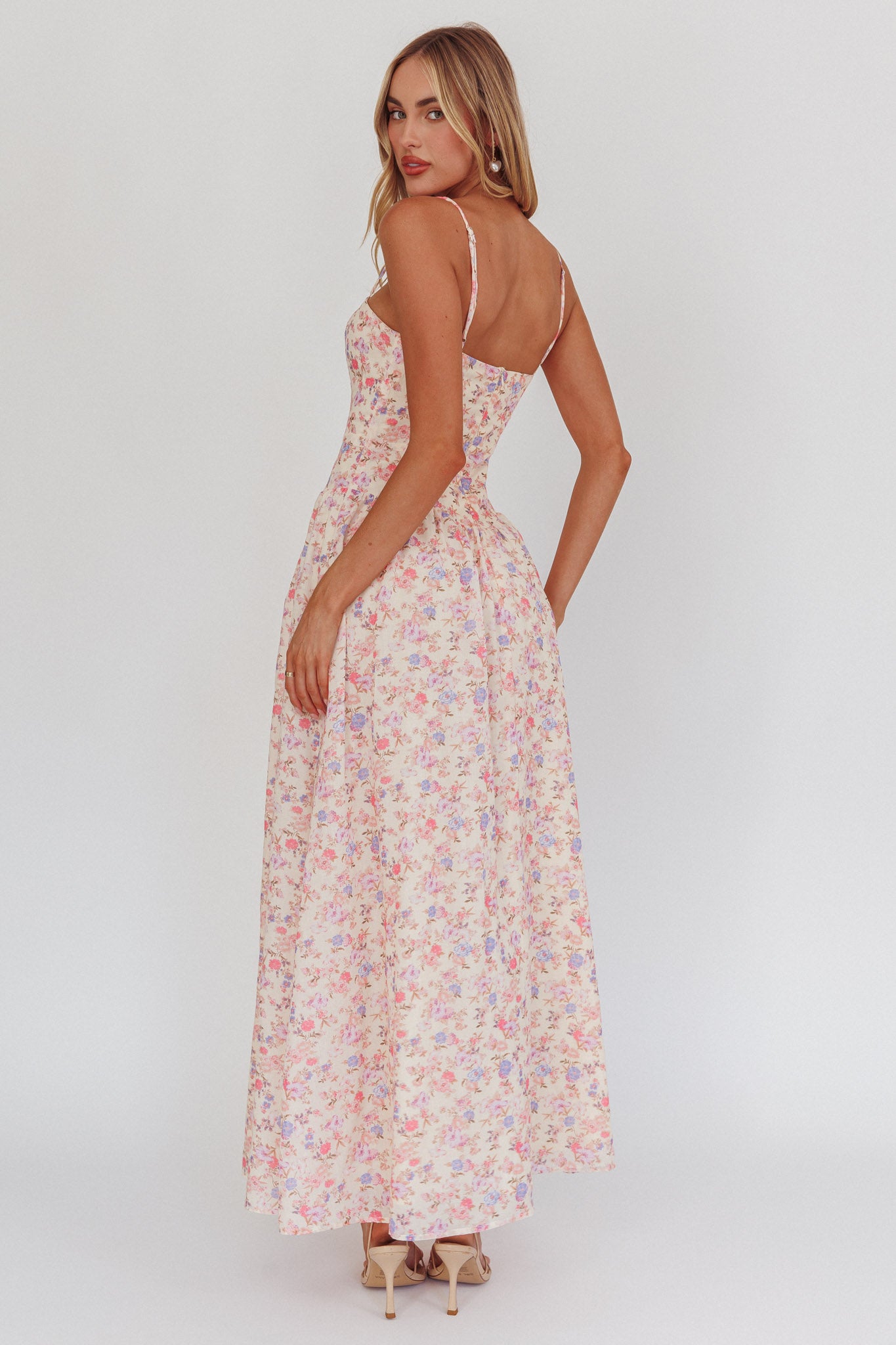 Daisy Day Basque Waist Maxi Dress Floral Blue by Selfie Leslie Australia