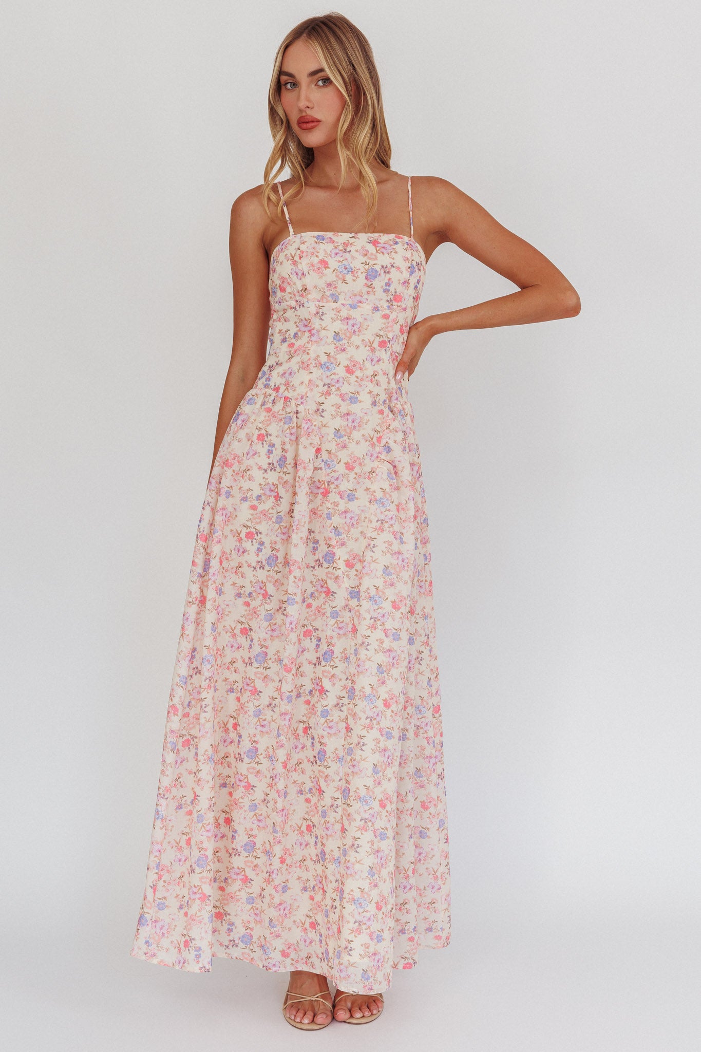 Daisy Day Basque Waist Maxi Dress Floral Blue by Selfie Leslie Australia