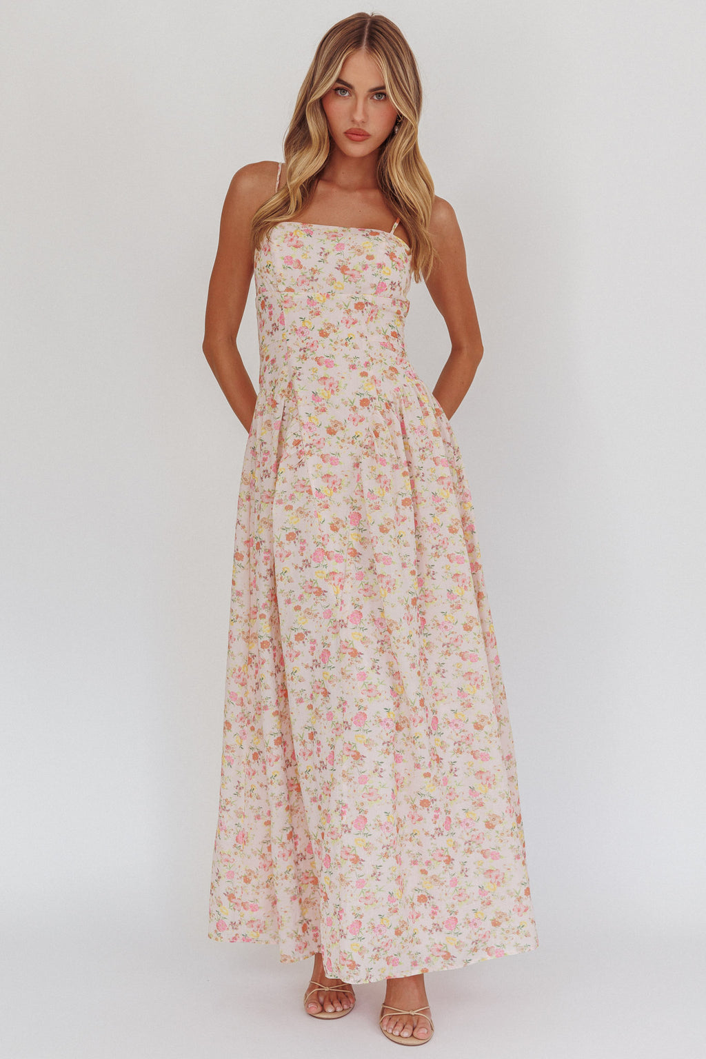 Daisy Day Basque Waist Maxi Dress Floral Pink by Selfie Leslie Australia