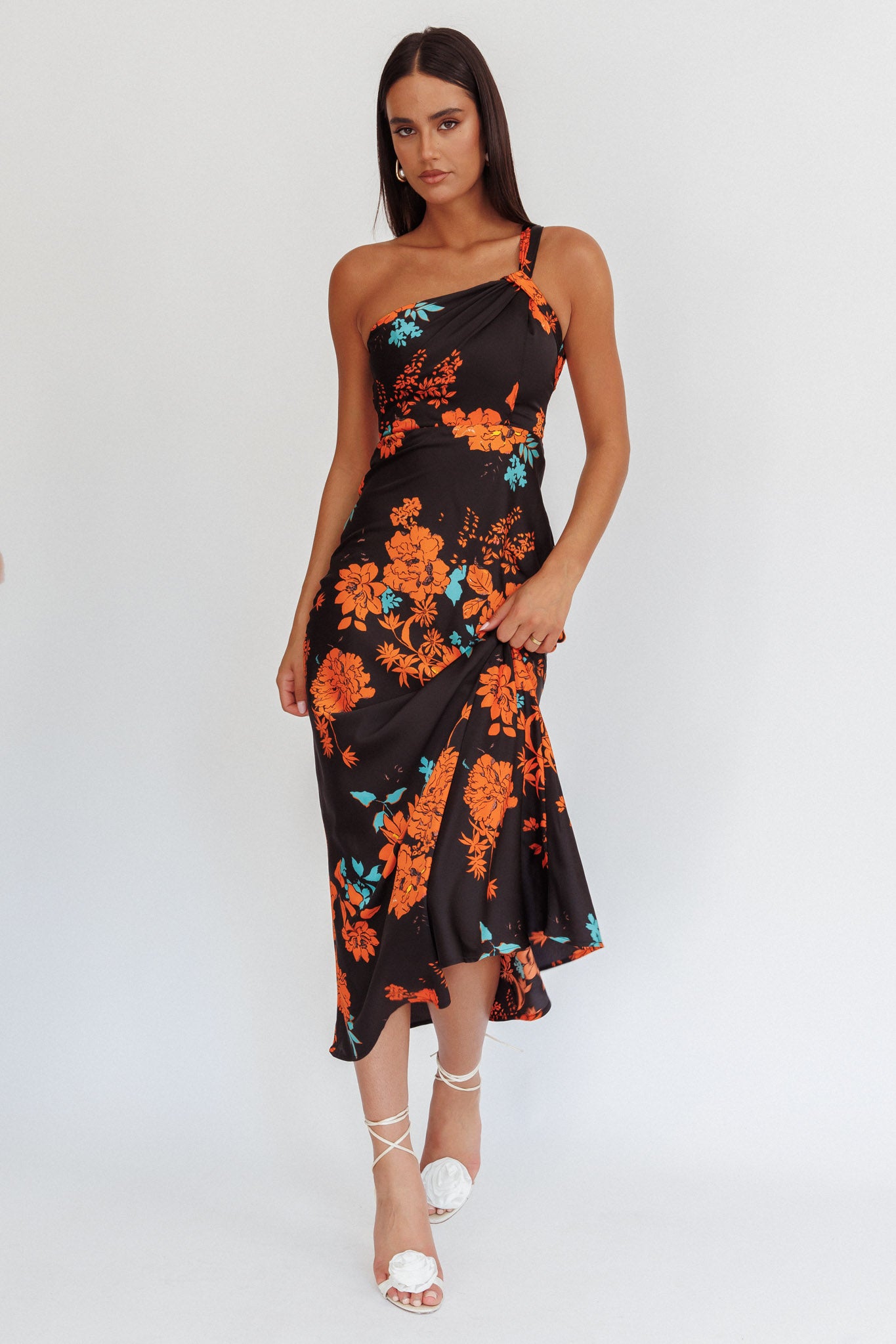 Fly Love Satin One Shoulder Maxi Dress Floral Black by Selfie Leslie Australia