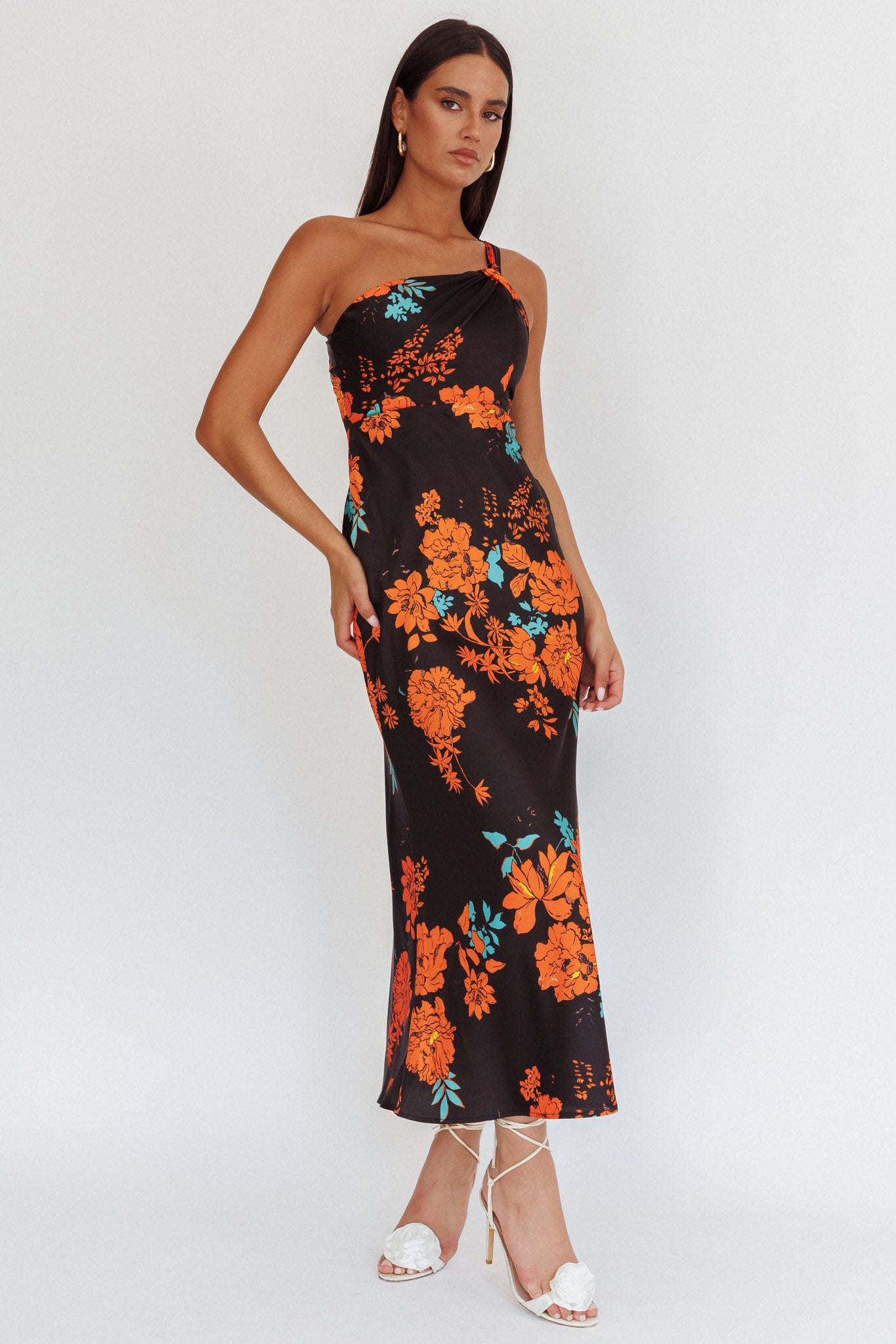 Fly Love Satin One Shoulder Maxi Dress Floral Black by Selfie Leslie Australia