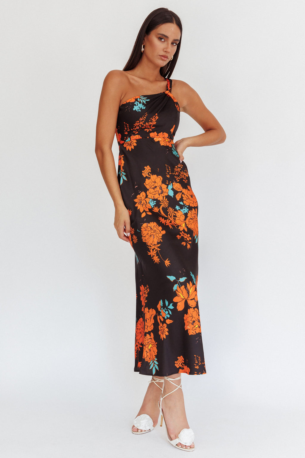 Fly Love Satin One Shoulder Maxi Dress Floral Black by Selfie Leslie Australia