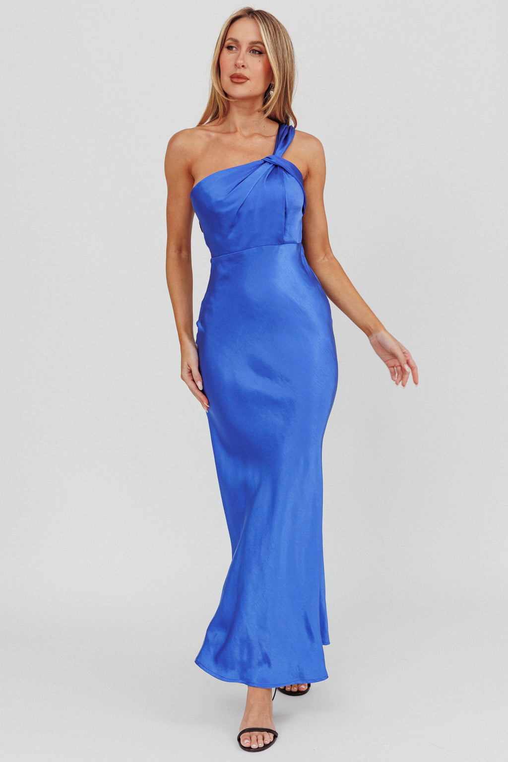 Fly Love Satin One Shoulder Maxi Dress Navy by Selfie Leslie Australia