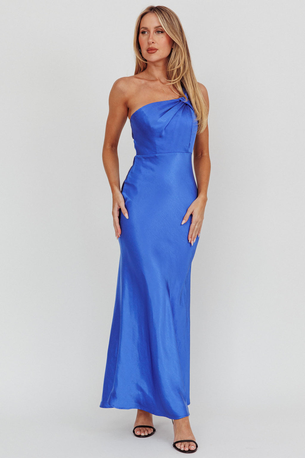 Fly Love Satin One Shoulder Maxi Dress Navy by Selfie Leslie Australia