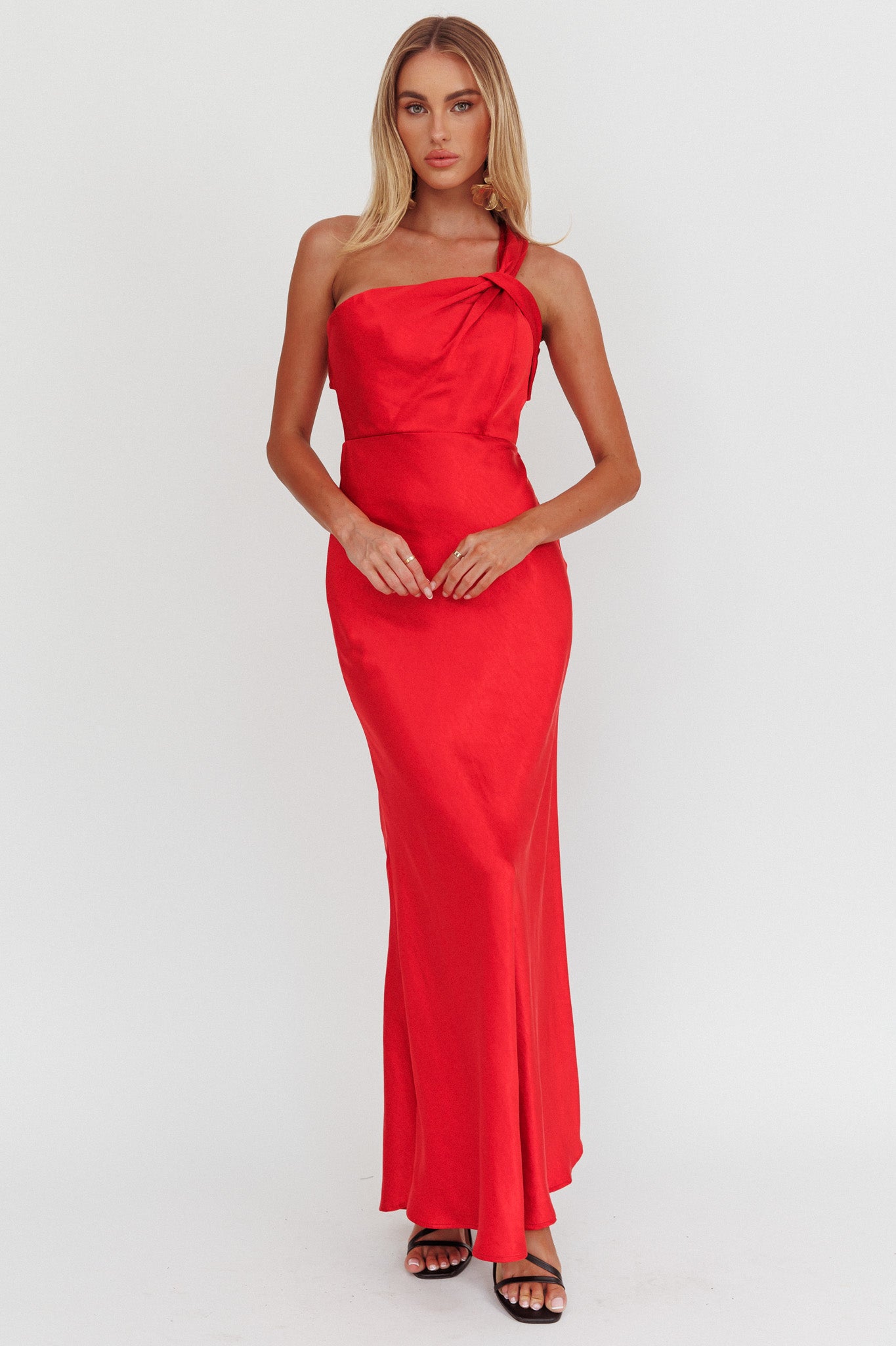 Fly Love Satin One Shoulder Maxi Dress Red by Selfie Leslie Australia