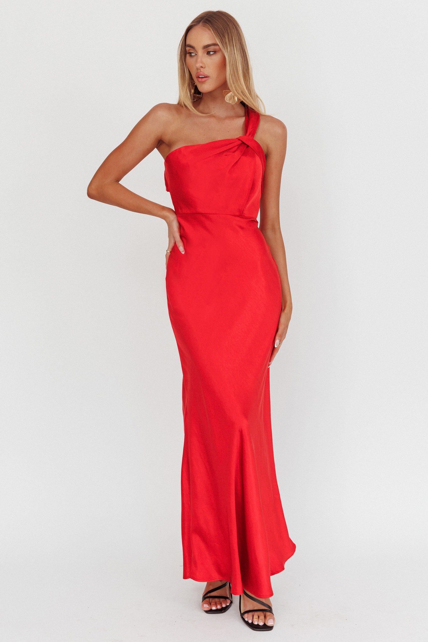 Fly Love Satin One Shoulder Maxi Dress Red by Selfie Leslie Australia