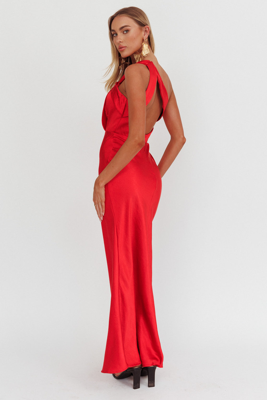 Fly Love Satin One Shoulder Maxi Dress Red by Selfie Leslie Australia