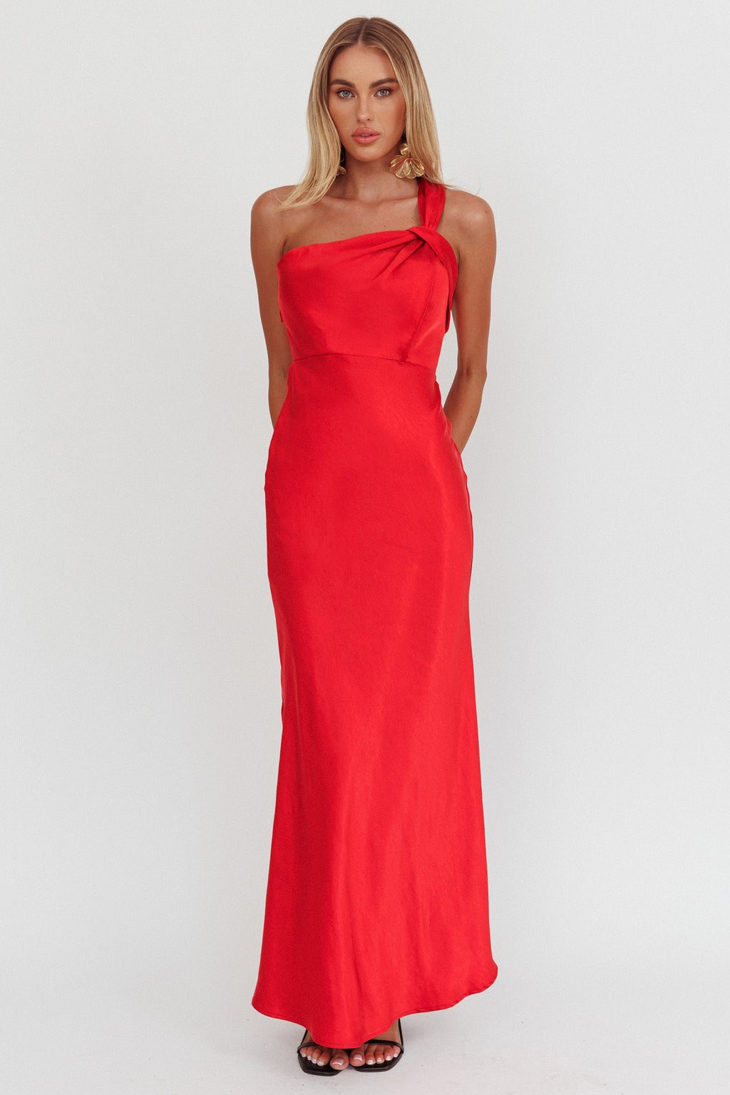 Fly Love Satin One Shoulder Maxi Dress Red by Selfie Leslie Australia