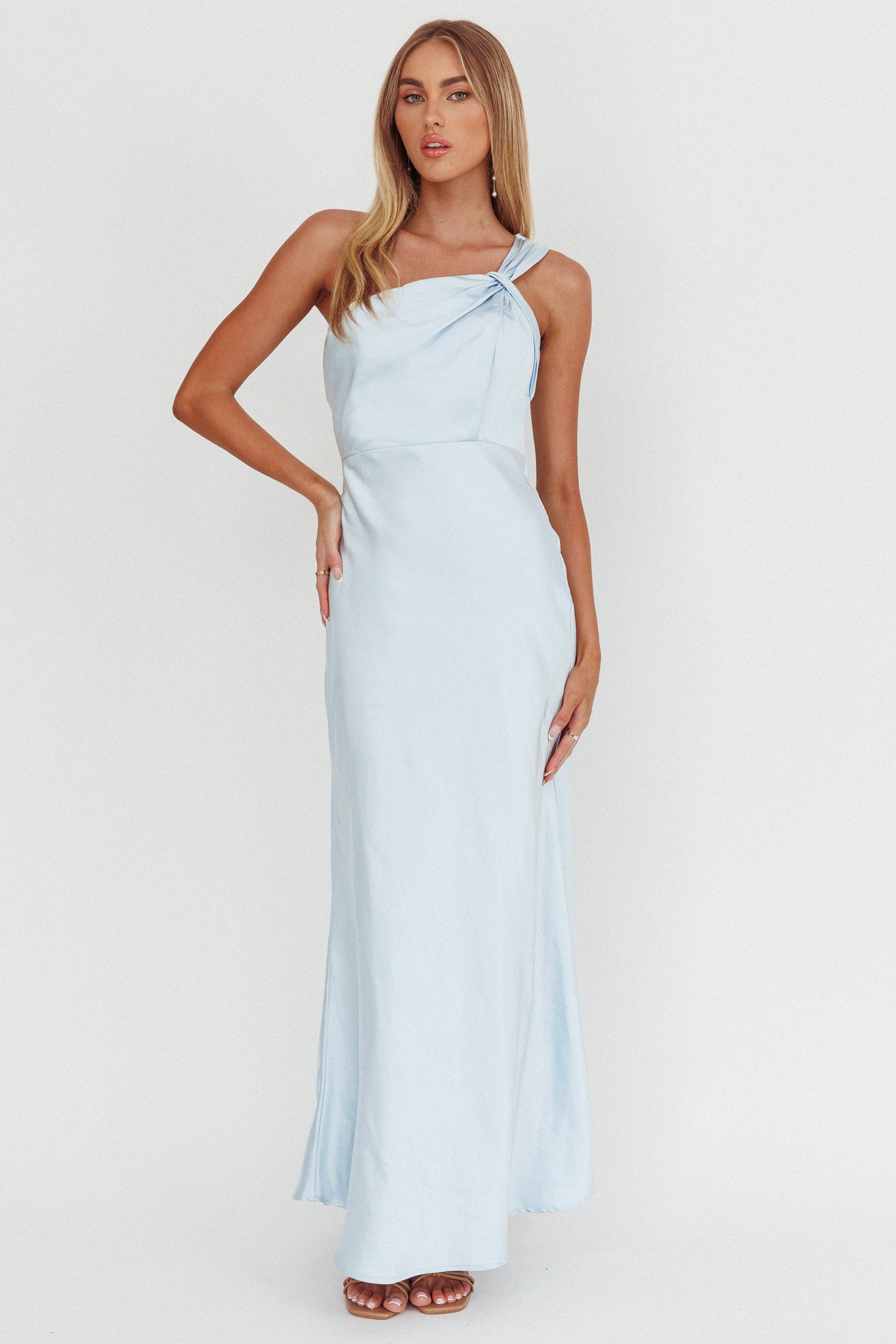 Fly Love Satin One Shoulder Maxi Dress Sky Blue by Selfie Leslie Australia
