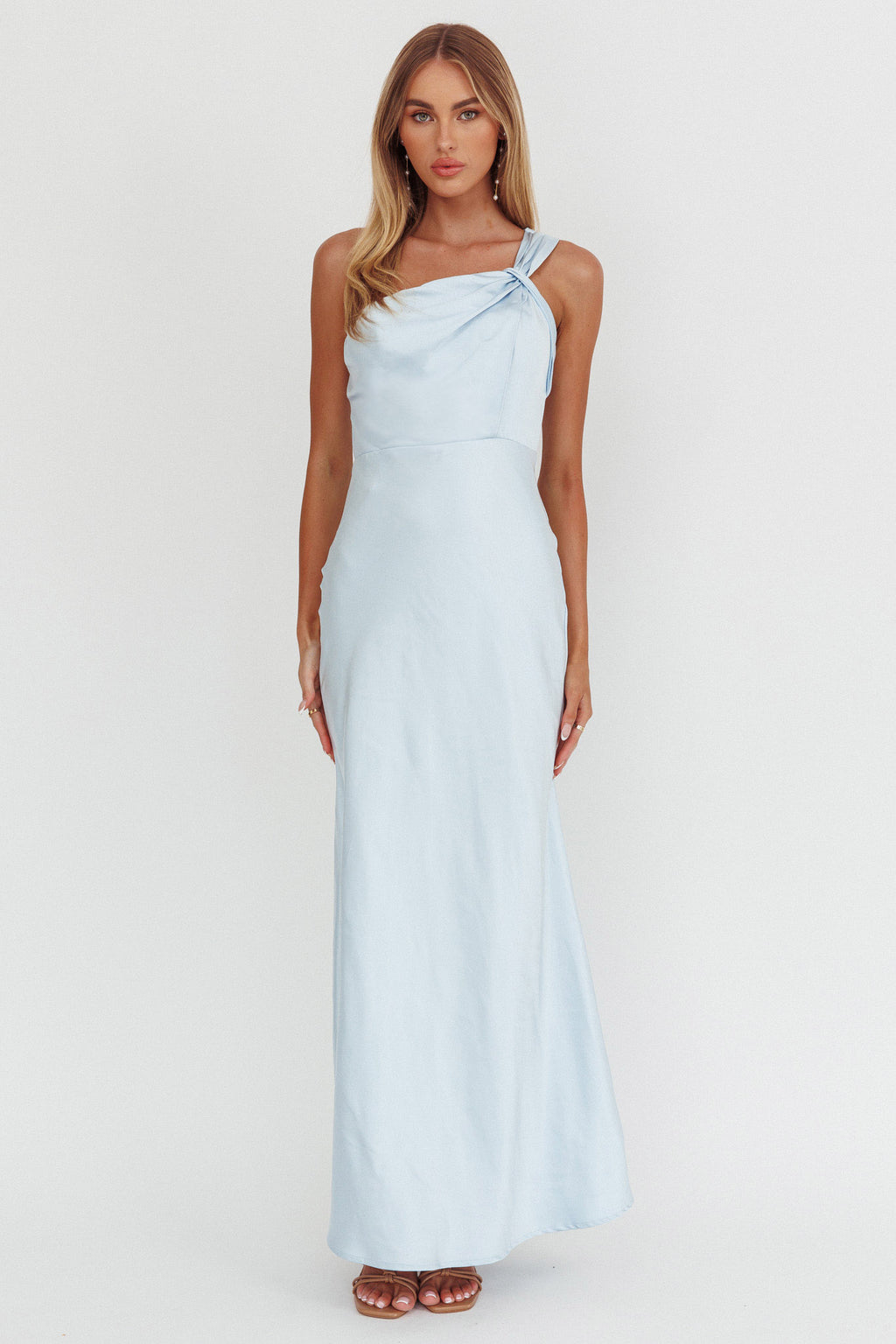 Fly Love Satin One Shoulder Maxi Dress Sky Blue by Selfie Leslie Australia