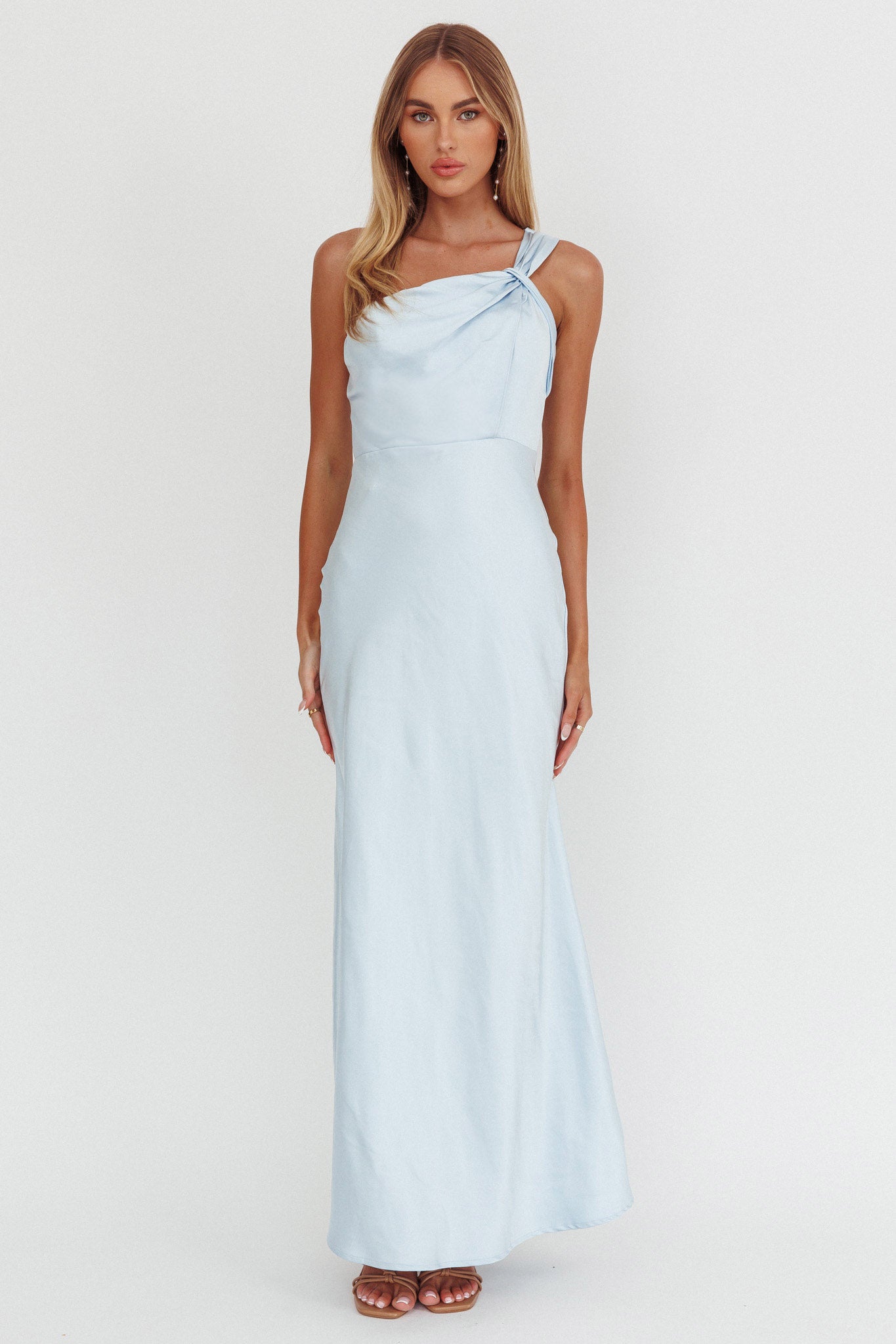 Fly Love Satin One Shoulder Maxi Dress Sky Blue by Selfie Leslie Australia