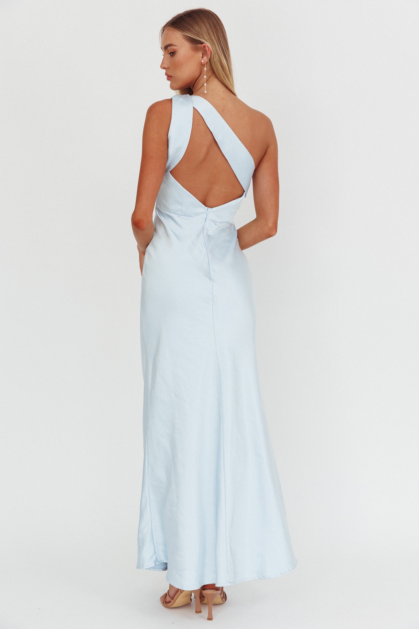 Fly Love Satin One Shoulder Maxi Dress Sky Blue by Selfie Leslie Australia