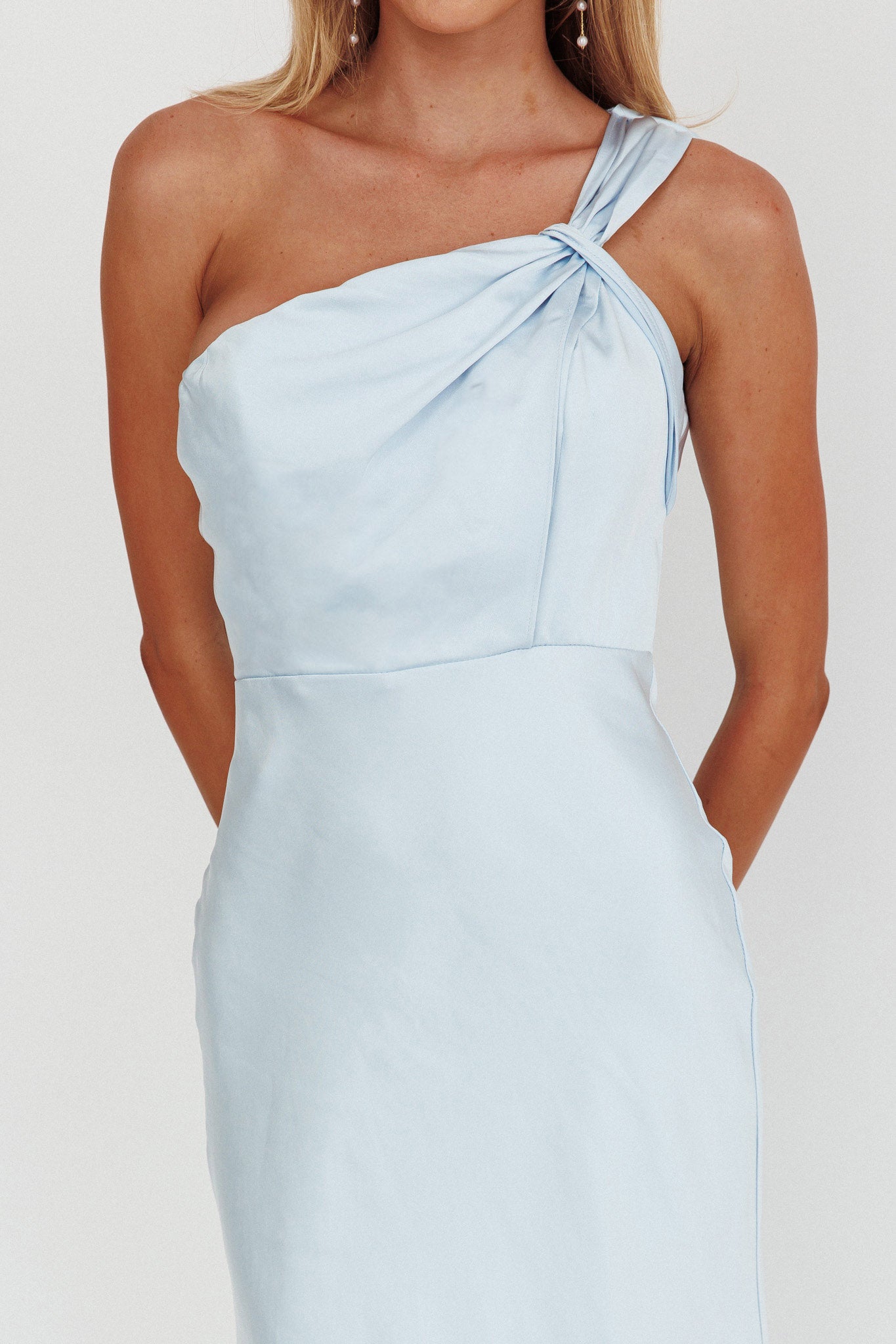 Fly Love Satin One Shoulder Maxi Dress Sky Blue by Selfie Leslie Australia