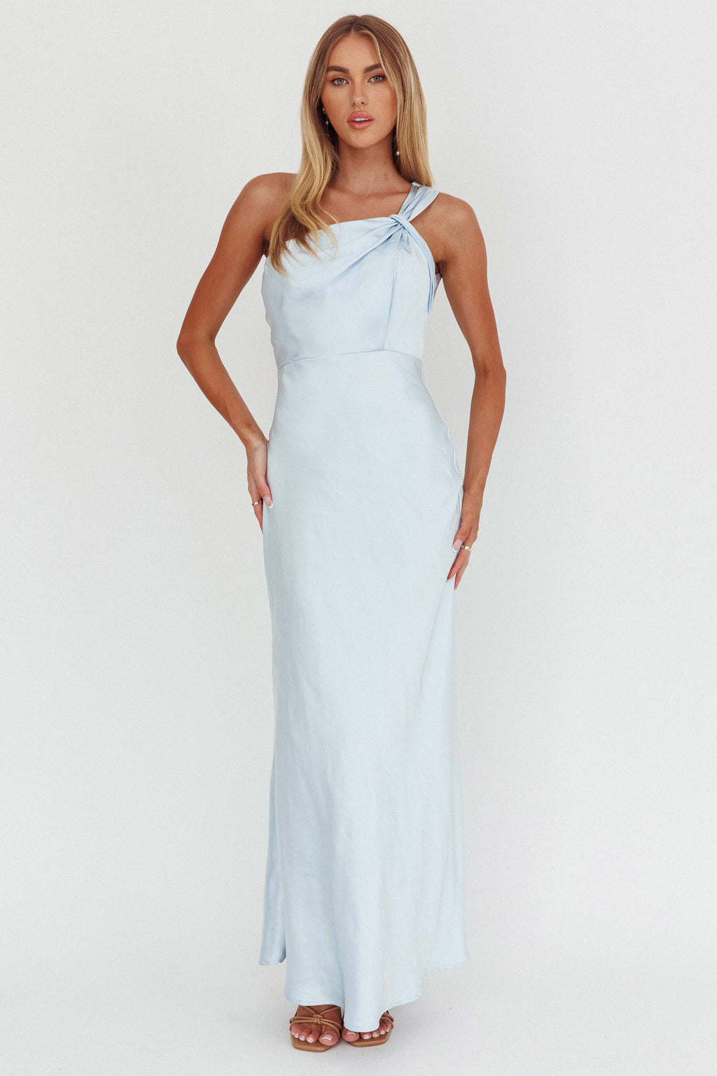 Fly Love Satin One Shoulder Maxi Dress Sky Blue by Selfie Leslie Australia