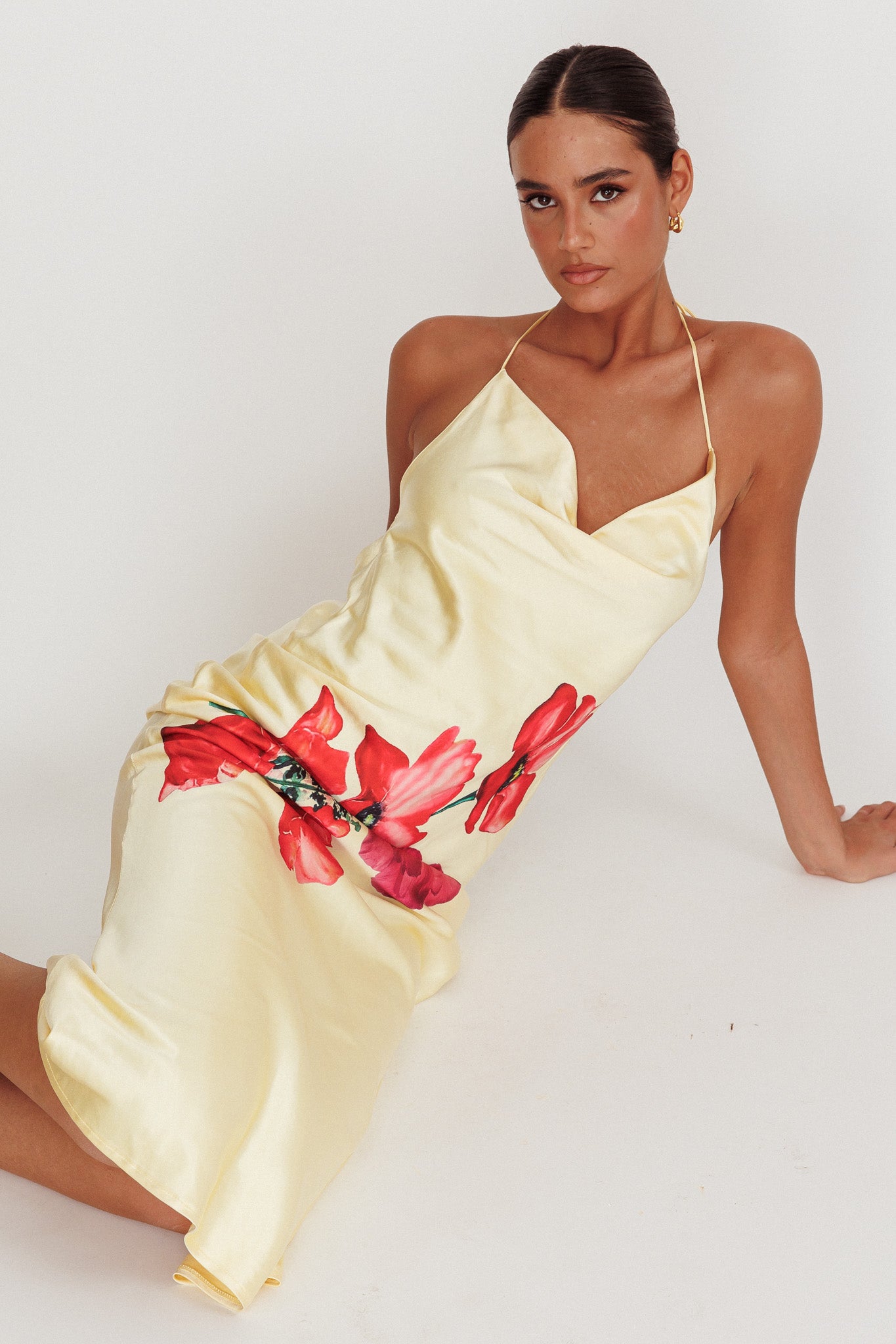Seren Backless Cowl Neck Midi Dress Yellow by Selfie Leslie Australia