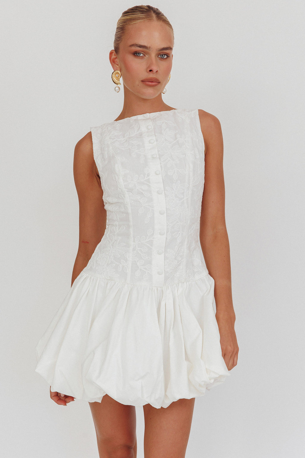 Opulent Sleeveless Bubble Hem Mini Dress Embroidered White by Selfie Leslie Australia