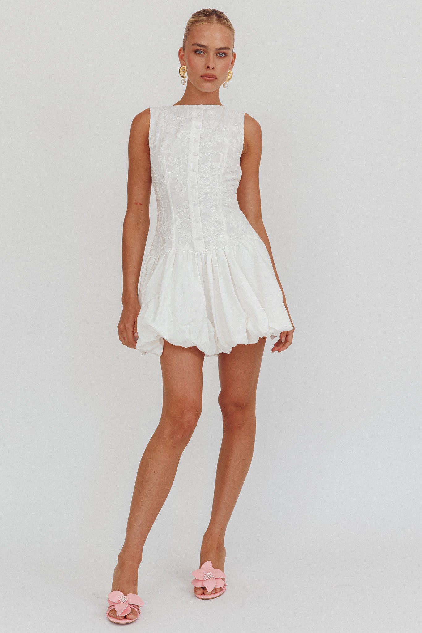 Opulent Sleeveless Bubble Hem Mini Dress Embroidered White by Selfie Leslie Australia