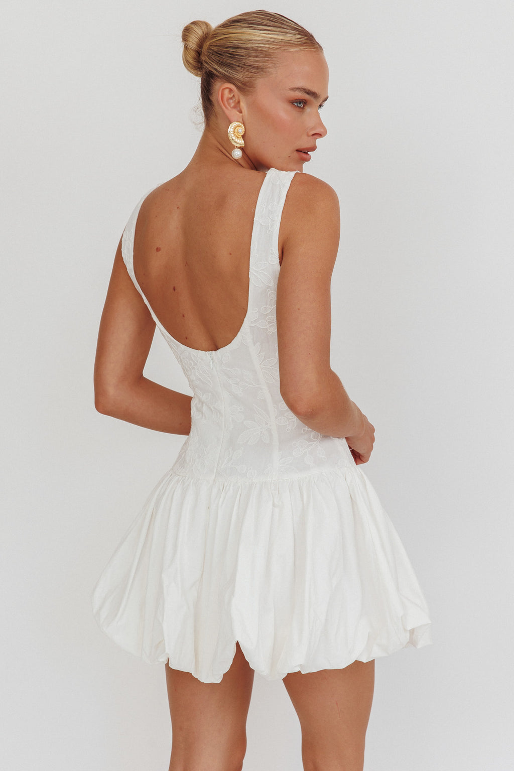 Opulent Sleeveless Bubble Hem Mini Dress Embroidered White by Selfie Leslie Australia