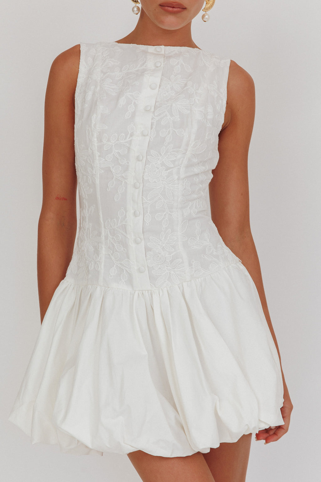 Opulent Sleeveless Bubble Hem Mini Dress Embroidered White by Selfie Leslie Australia