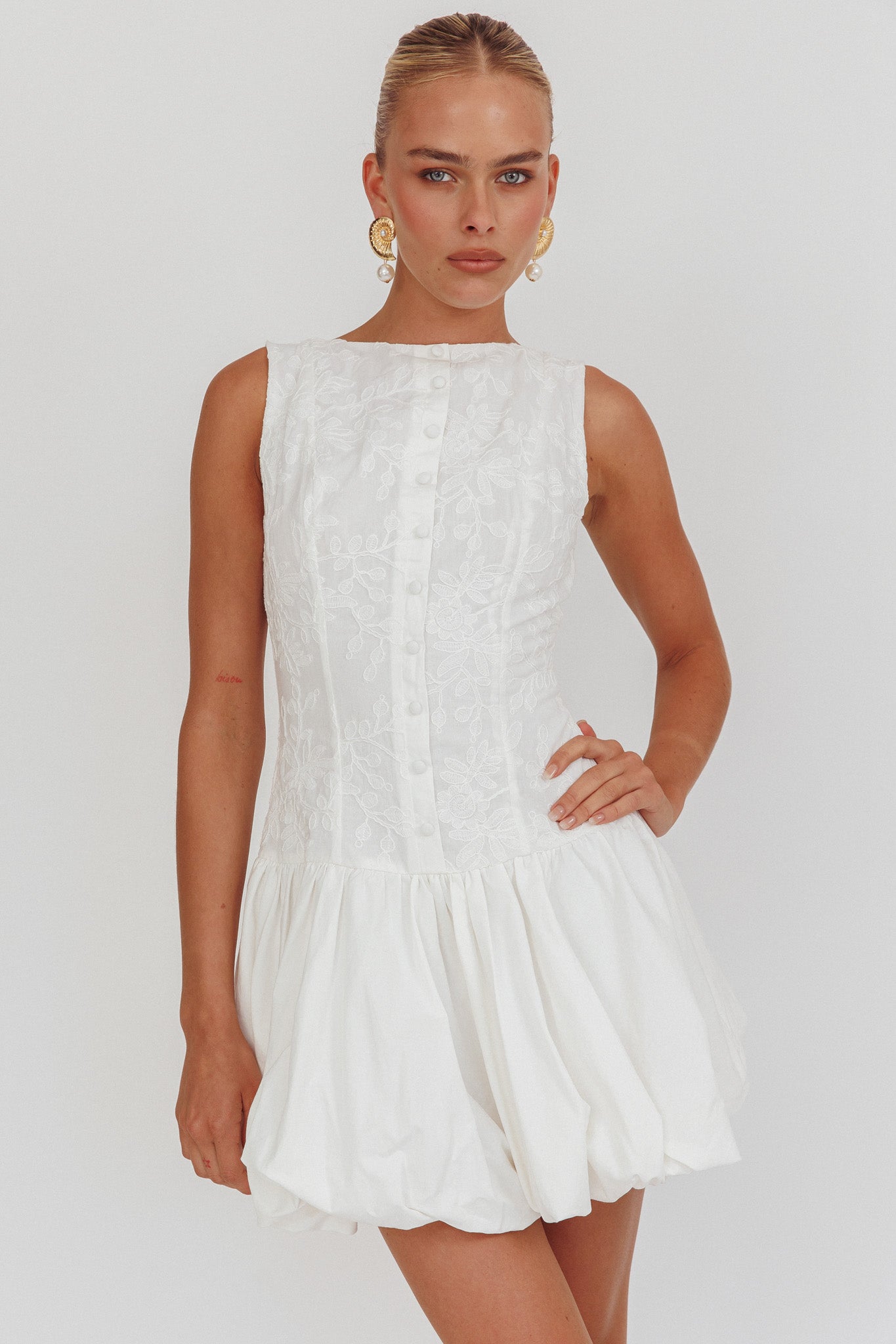 Opulent Sleeveless Bubble Hem Mini Dress Embroidered White by Selfie Leslie Australia