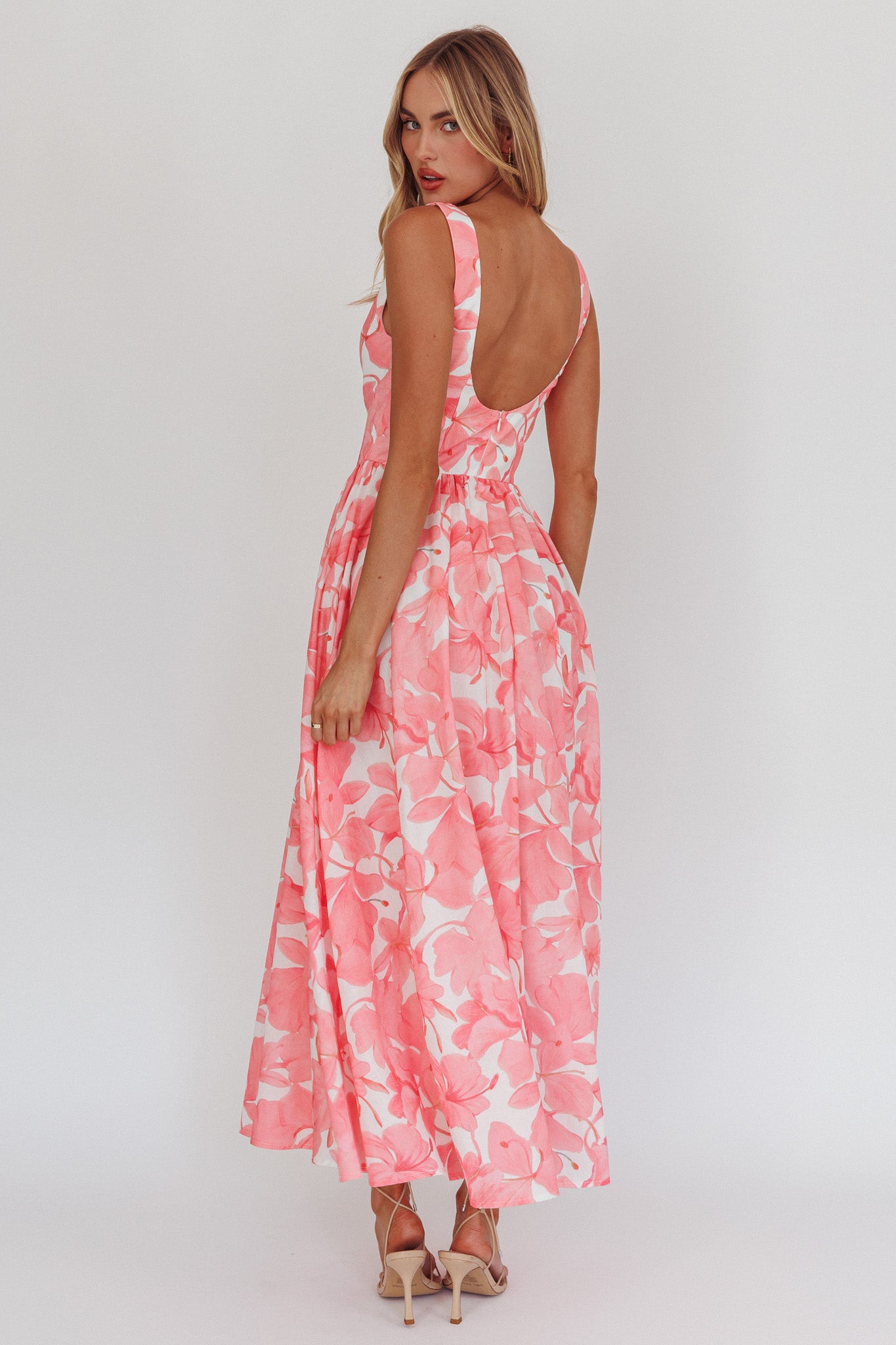 Opulent Low Back Maxi Dress Floral Pink by Selfie Leslie Australia