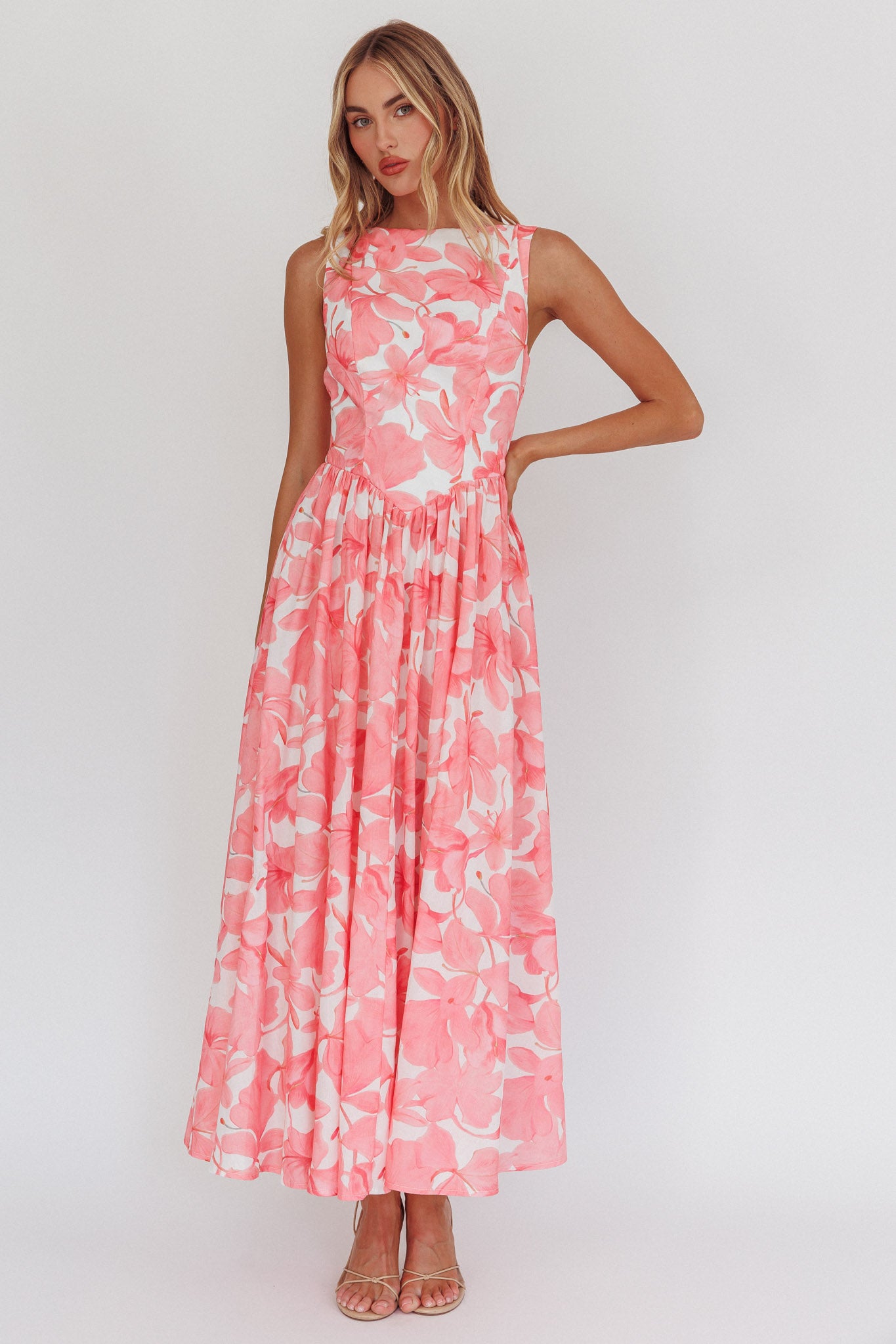 Opulent Low Back Maxi Dress Floral Pink by Selfie Leslie Australia