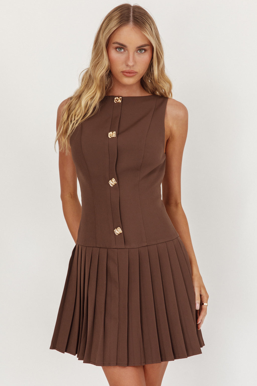 Opulent Pleat Skirt Button Mini Dress Coco by Selfie Leslie Australia