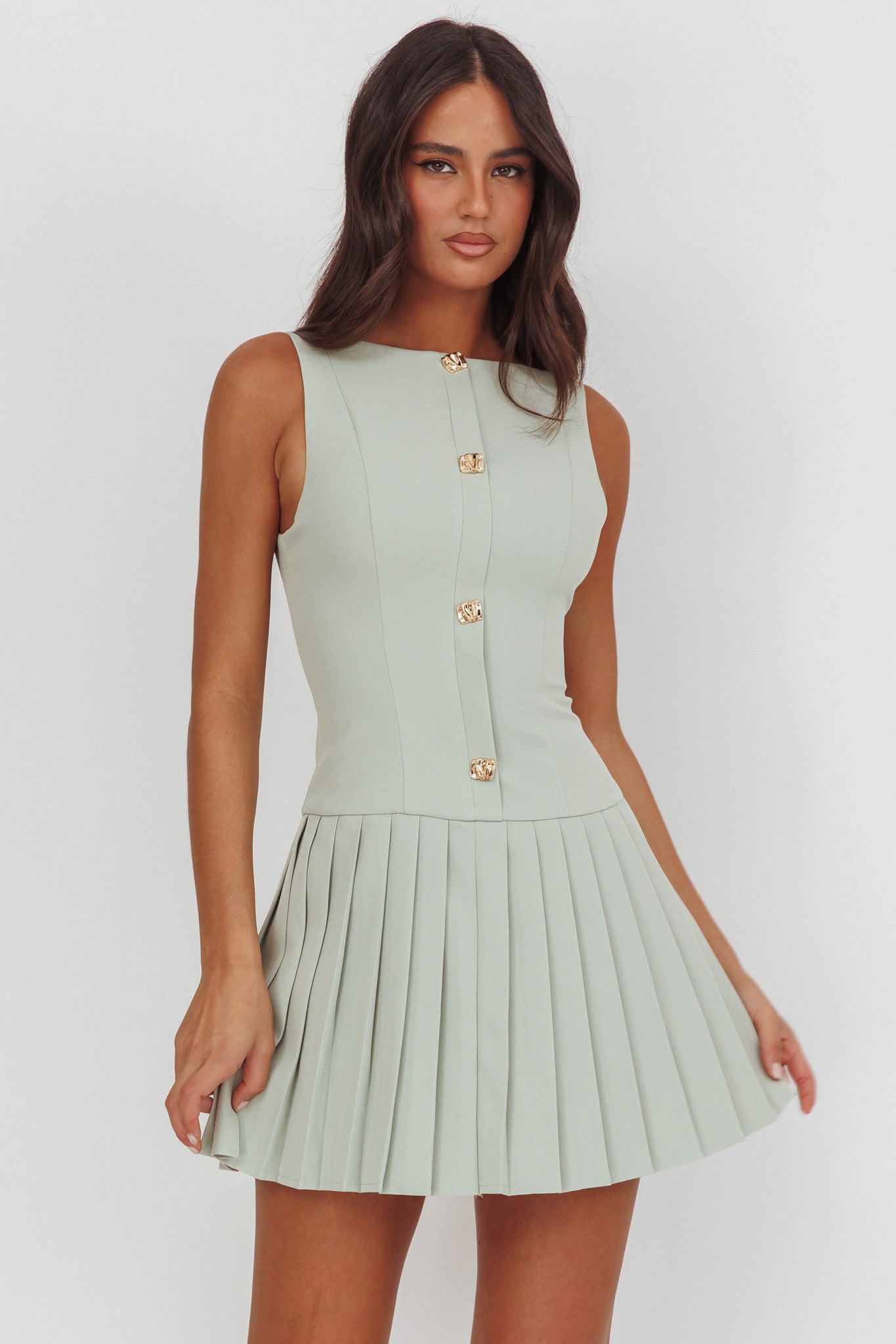 Opulent Pleat Skirt Button Mini Dress Sage by Selfie Leslie Australia