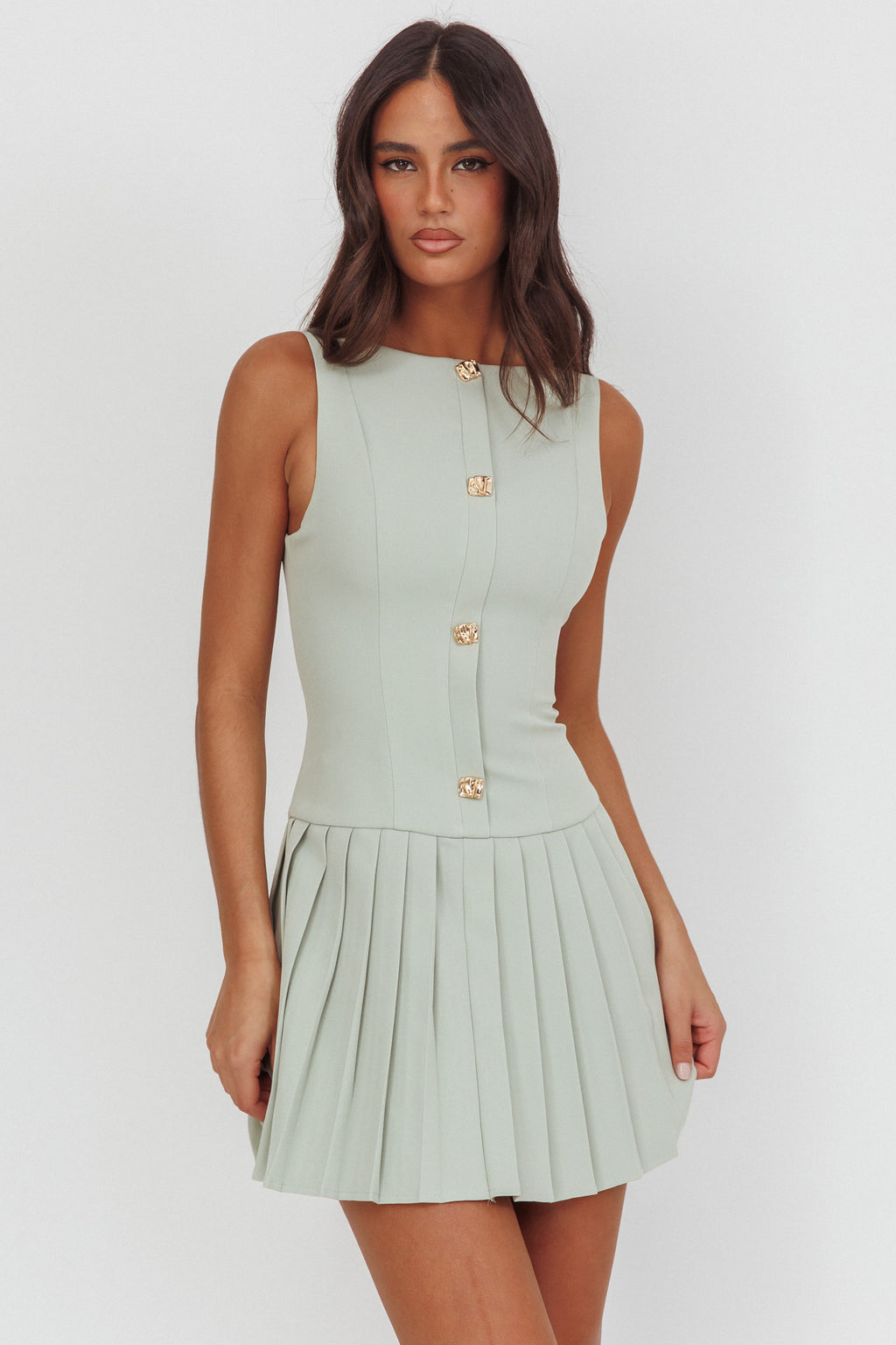 Opulent Pleat Skirt Button Mini Dress Sage by Selfie Leslie Australia