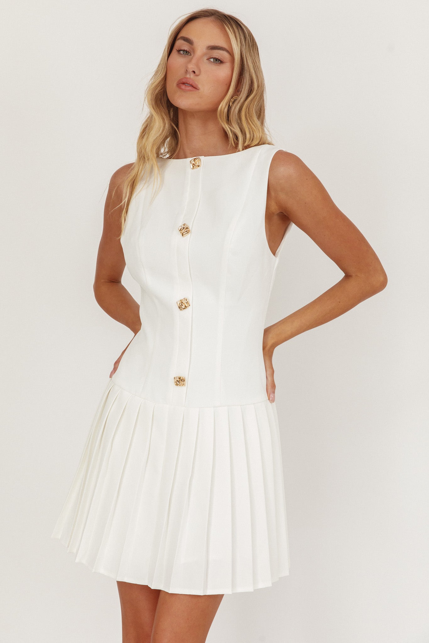 Opulent Pleat Skirt Button Mini Dress White by Selfie Leslie Australia