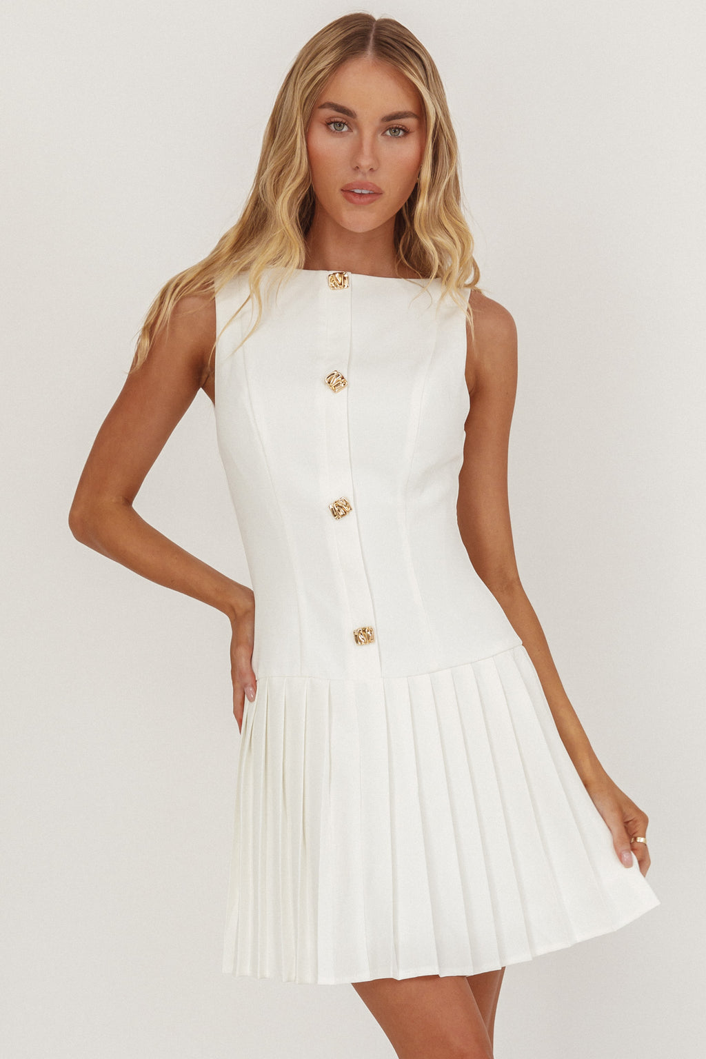 Opulent Pleat Skirt Button Mini Dress White by Selfie Leslie Australia