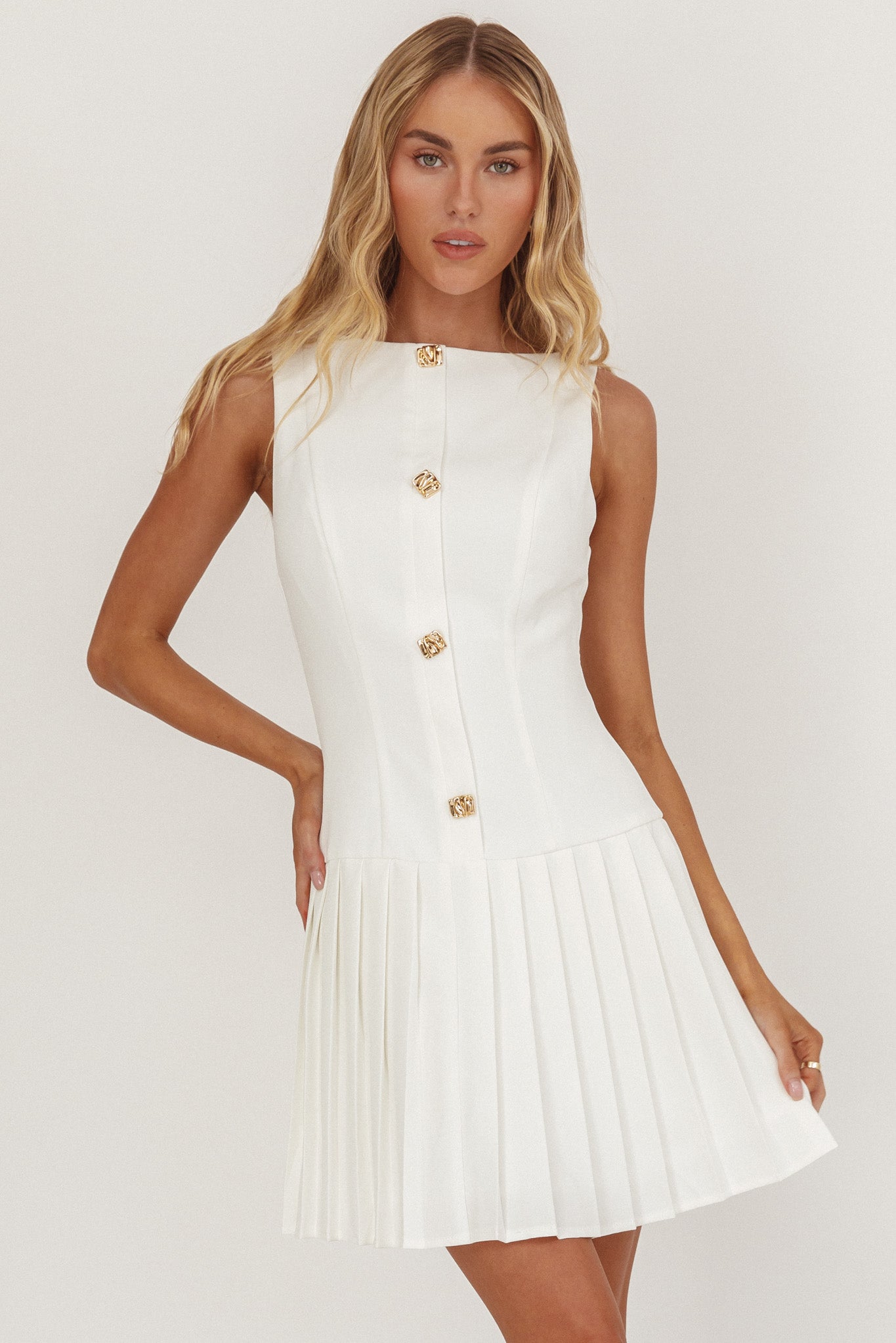 Opulent Pleat Skirt Button Mini Dress White by Selfie Leslie Australia