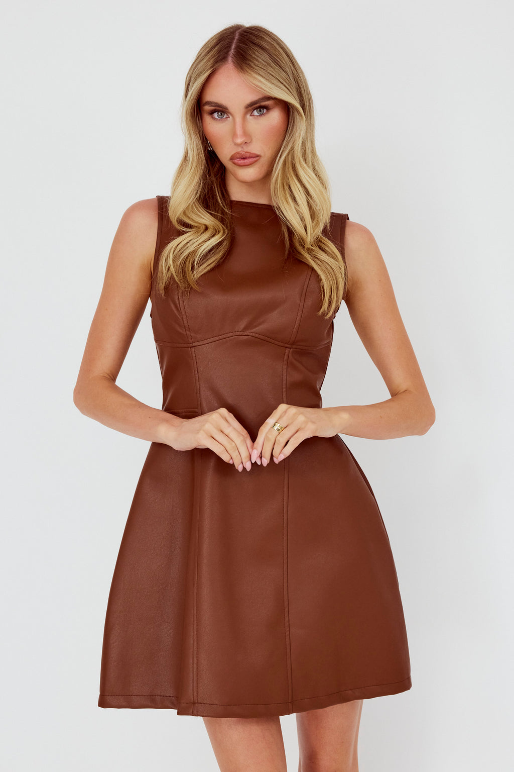 Opulent Sleeveless A-Line Mini Dress Faux Leather Brown by Selfie Leslie Australia