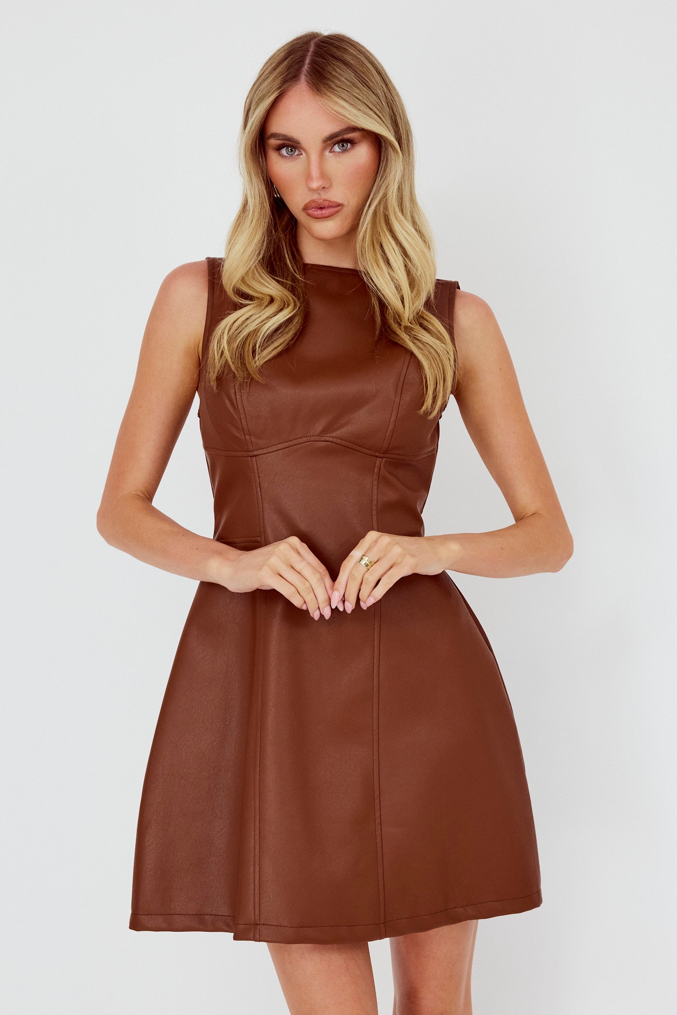 Opulent Sleeveless A-Line Mini Dress Faux Leather Brown by Selfie Leslie Australia