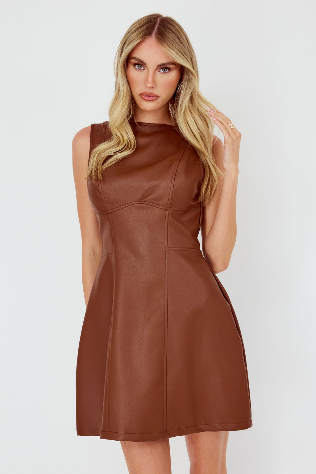 Opulent Sleeveless A-Line Mini Dress Faux Leather Brown by Selfie Leslie Australia