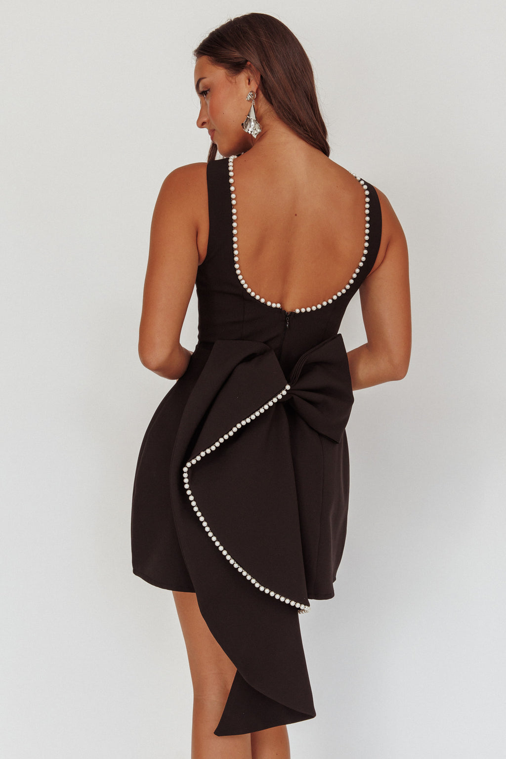 Opulent Pearl Trim Oversized Bow Mini Dress Black by Selfie Leslie Australia