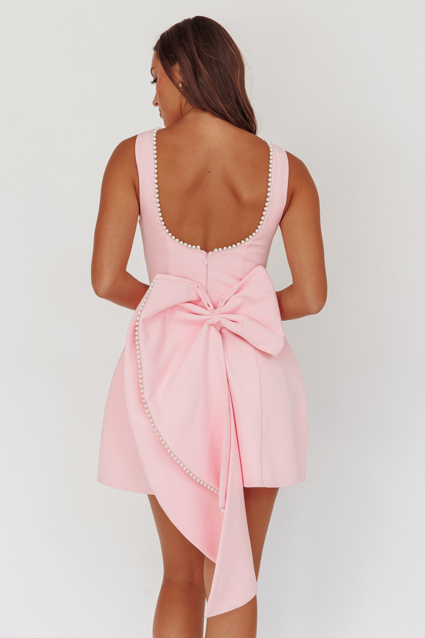 Opulent Pearl Trim Oversized Bow Mini Dress Pink by Selfie Leslie Australia