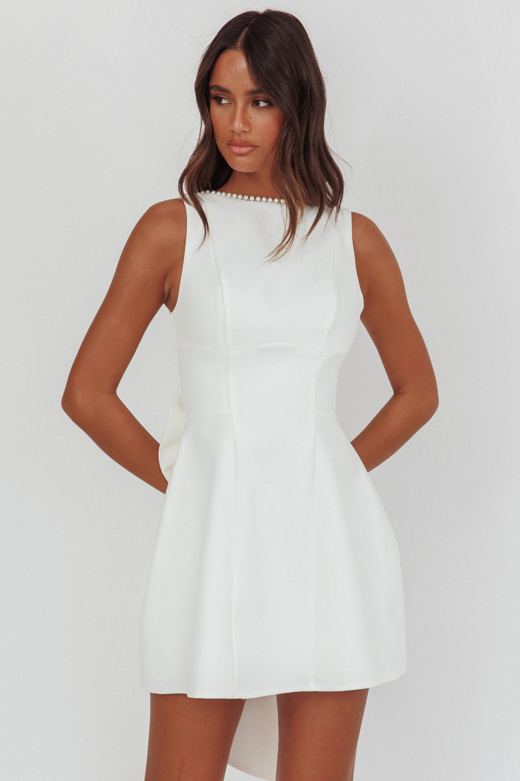 Opulent Pearl Trim Oversized Bow Mini Dress White by Selfie Leslie Australia