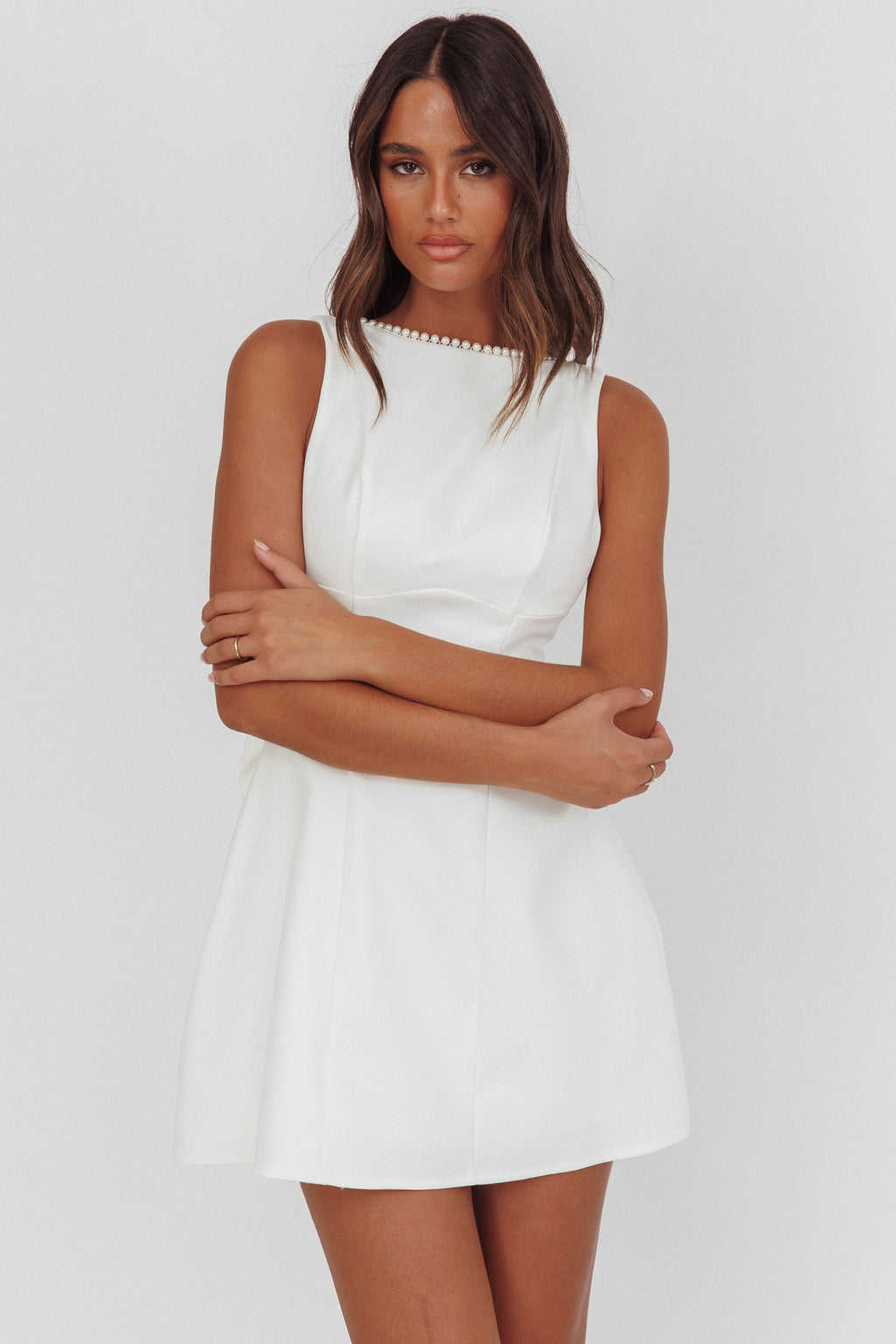 Opulent Pearl Trim Oversized Bow Mini Dress White by Selfie Leslie Australia