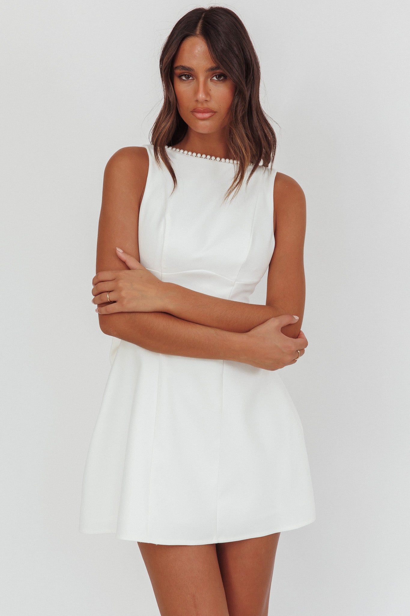 Opulent Pearl Trim Oversized Bow Mini Dress White by Selfie Leslie Australia
