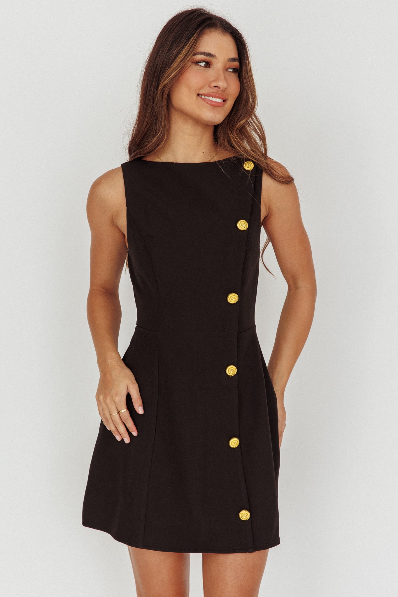 Opulent Button Front Mini Dress Black by Selfie Leslie Australia