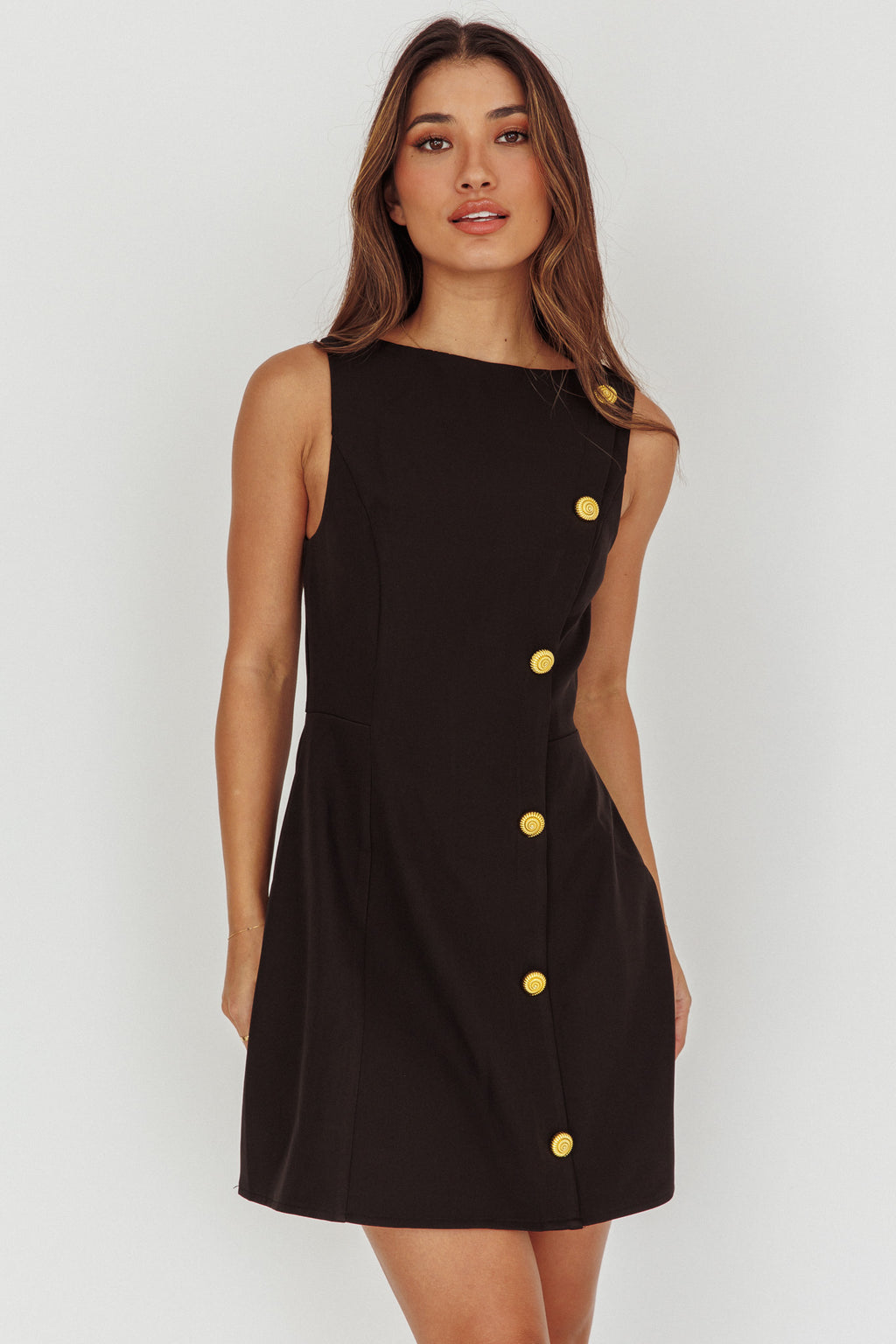 Opulent Button Front Mini Dress Black by Selfie Leslie Australia