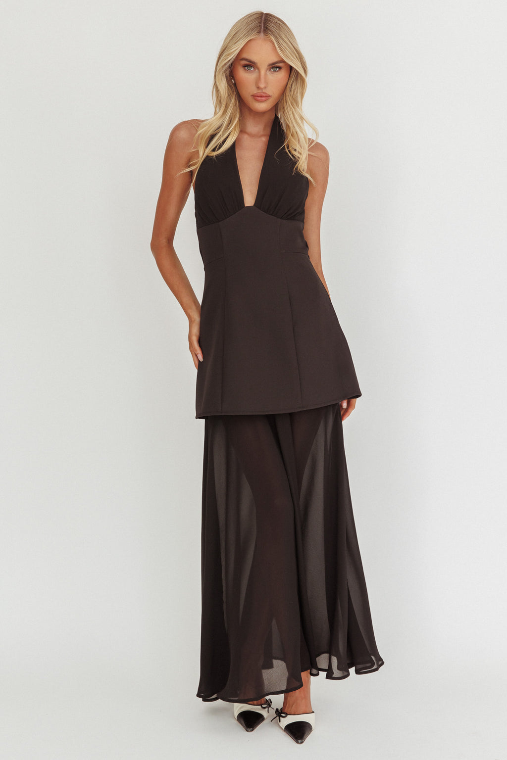 Opulent Halterneck Layered Maxi Dress Black by Selfie Leslie Australia