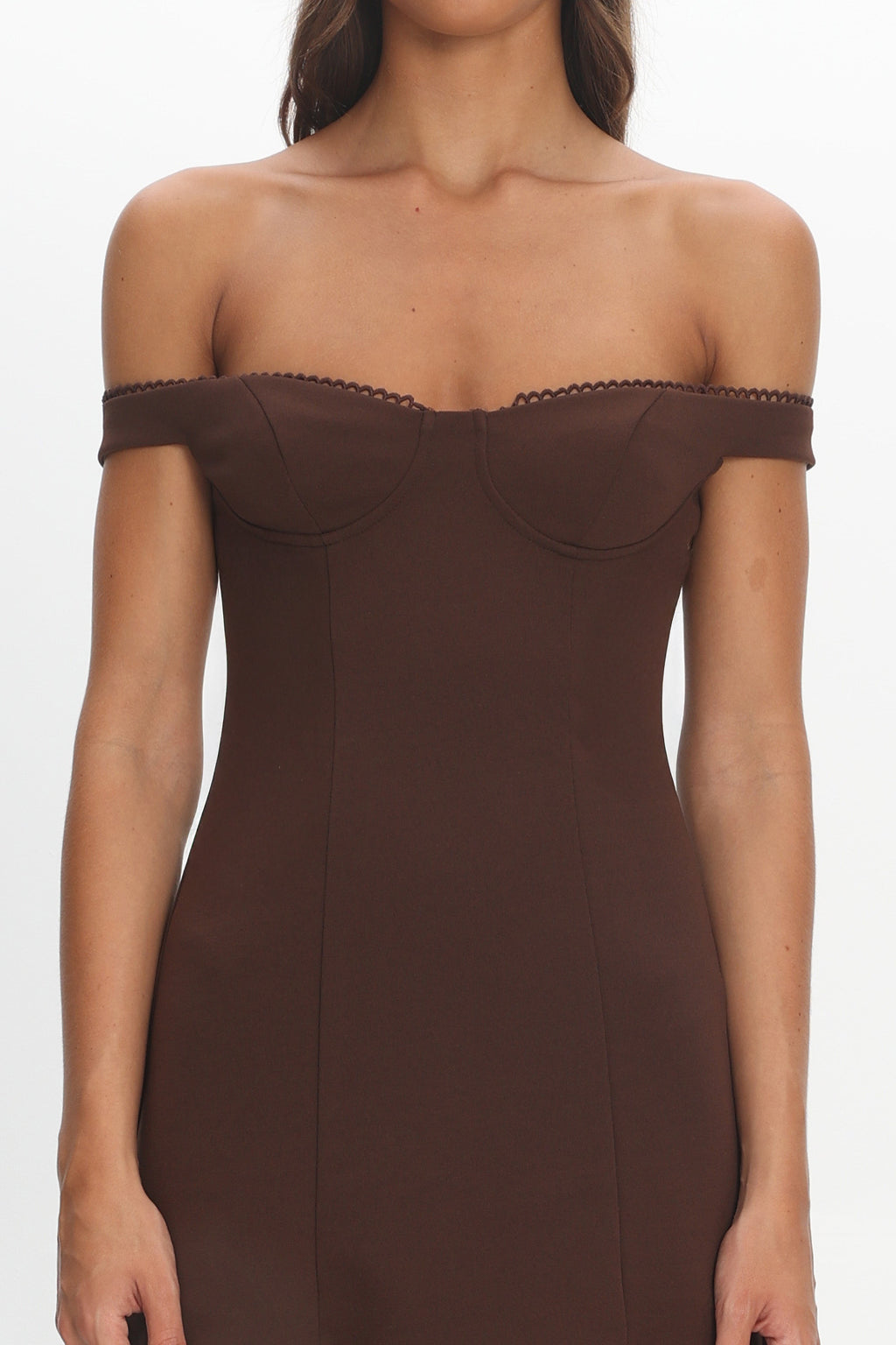 Opulent Off-Shoulder Sheer Hem Maxi Dress Chocolate by Selfie Leslie Australia