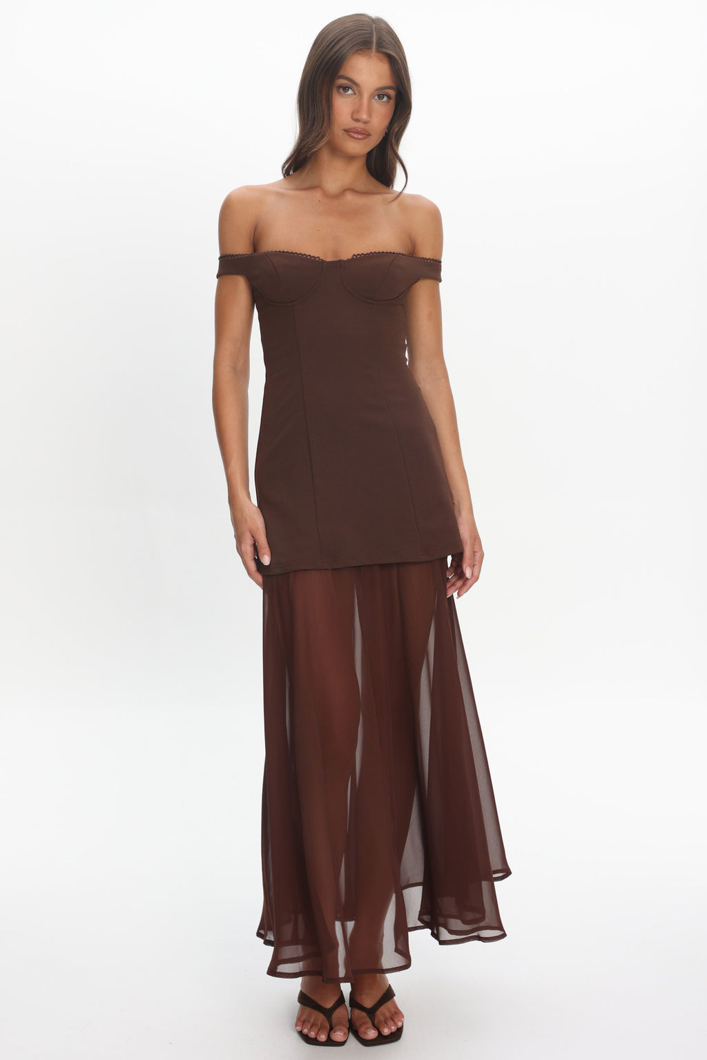 Opulent Off-Shoulder Sheer Hem Maxi Dress Chocolate by Selfie Leslie Australia