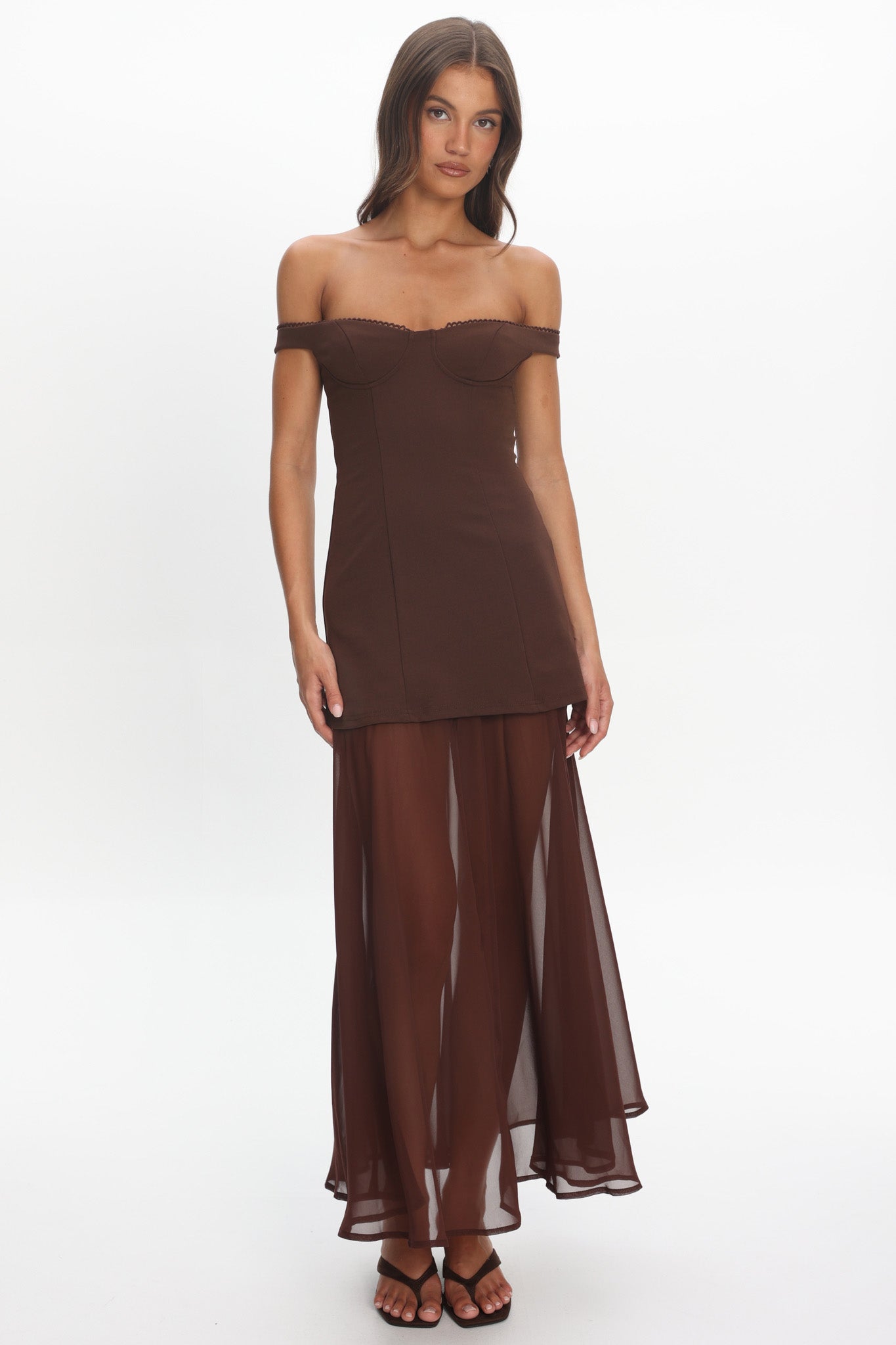 Opulent Off-Shoulder Sheer Hem Maxi Dress Chocolate by Selfie Leslie Australia