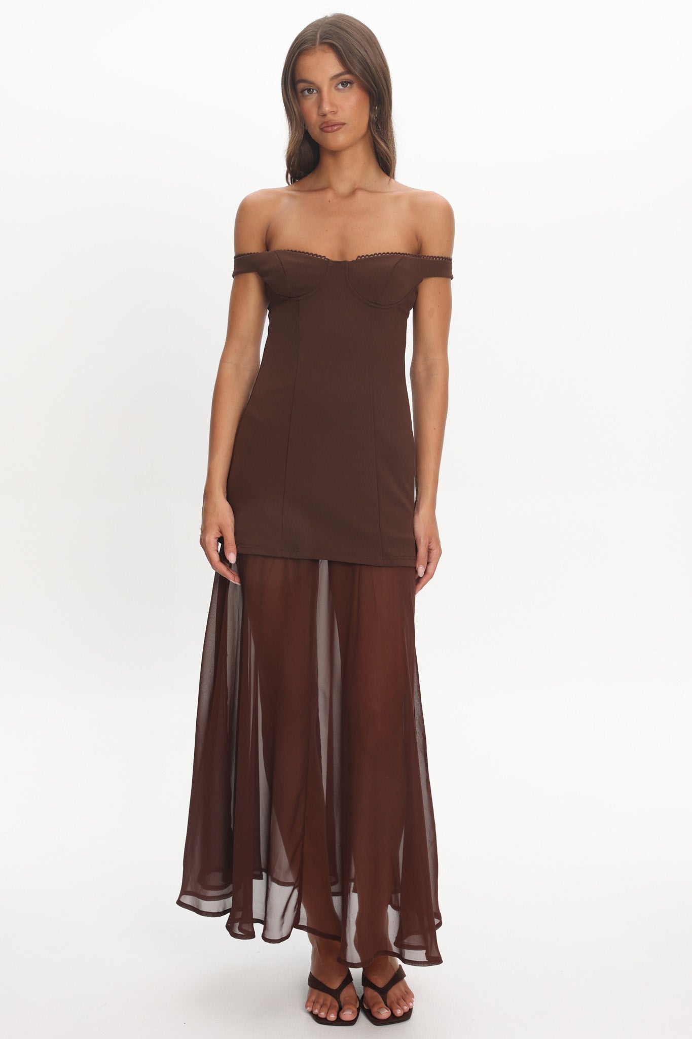 Opulent Off-Shoulder Sheer Hem Maxi Dress Chocolate by Selfie Leslie Australia