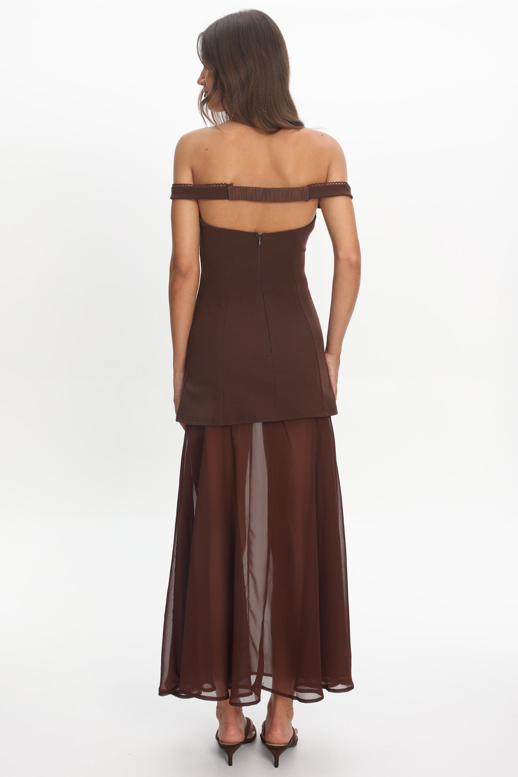 Opulent Off-Shoulder Sheer Hem Maxi Dress Chocolate by Selfie Leslie Australia