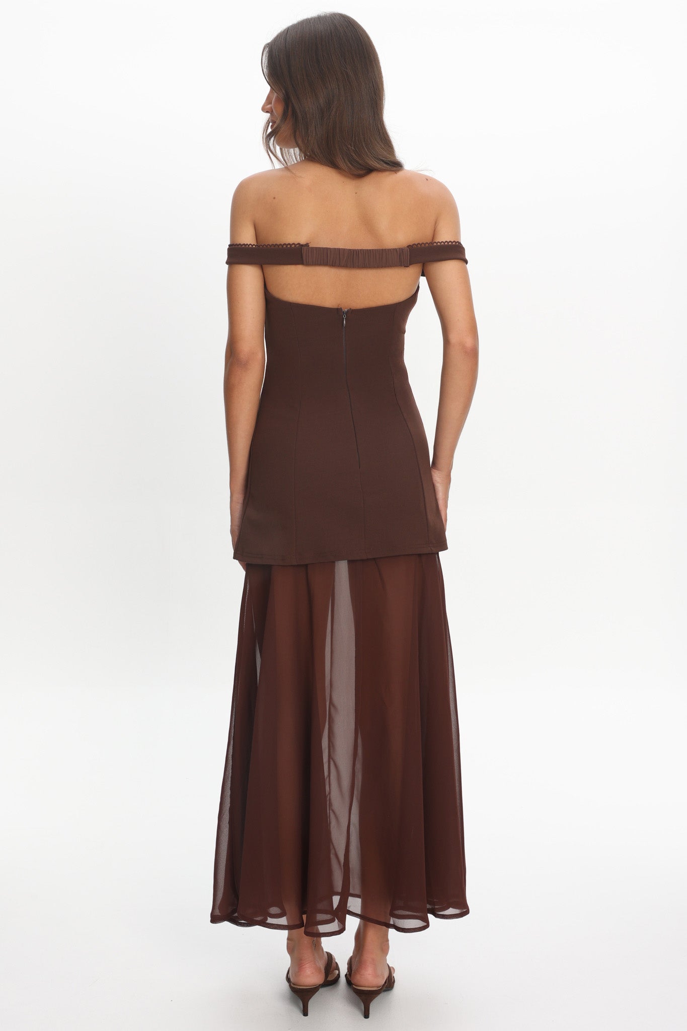 Opulent Off-Shoulder Sheer Hem Maxi Dress Chocolate by Selfie Leslie Australia