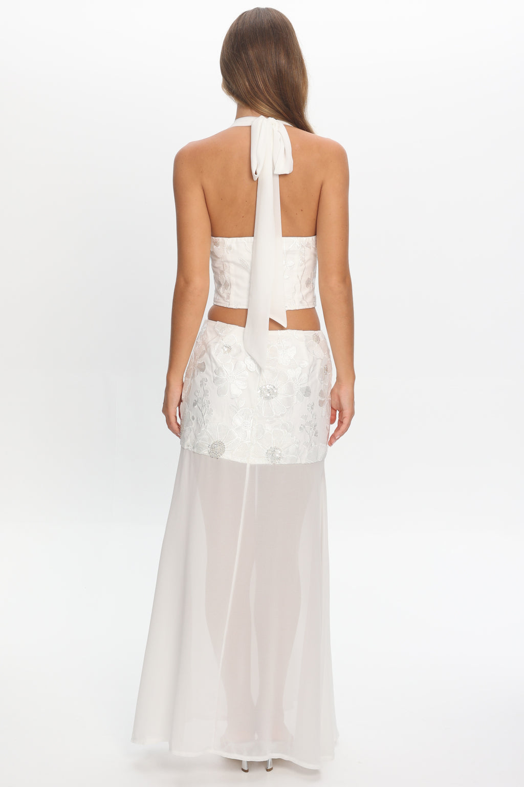 Opulent Sheer Hem Maxi Skirt Embroidered Off White